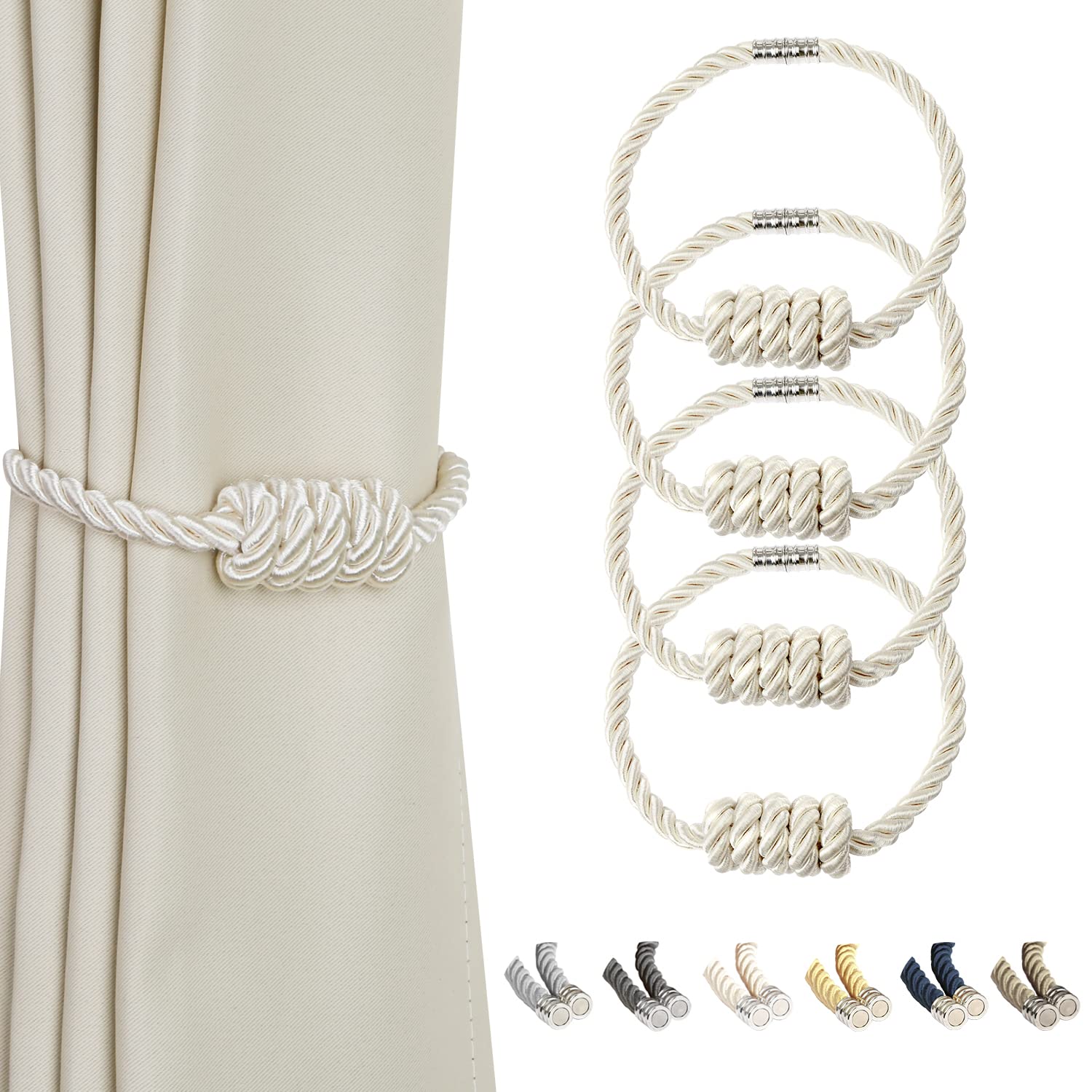 BEL AVENIR Magnetic Jute Curtain Tiebacks, Decorative Drapery Holdbacks Bohemian Style Woven Tie-Backs with Exquisite Knot (Jute, 2 Pack)