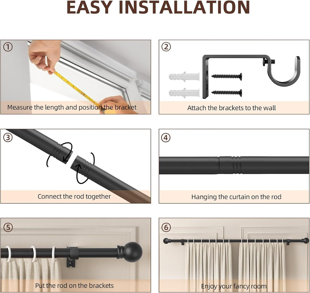 SMODBRODRE Black Curtain Rods for Window 28 to 48, 5/8 inch Small Decorative Curtain Rod Set with Brackets