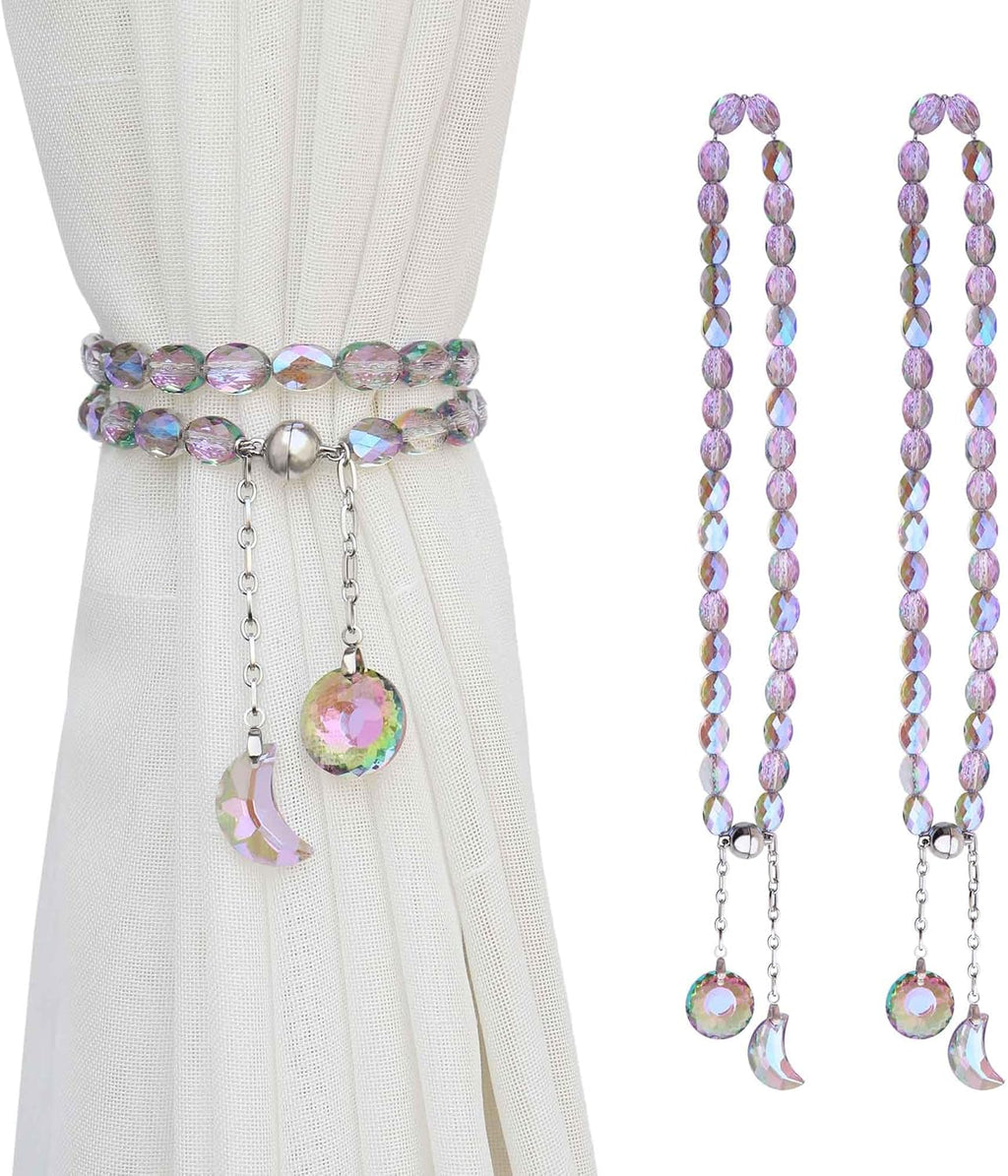 PEDOBO Magnetic Curtain Tiebacks, 2 Pack Crystal Beaded Sun & Moon Pendants Sheers/Draperies Holdbacks for Window Home Office Decor (Purple)