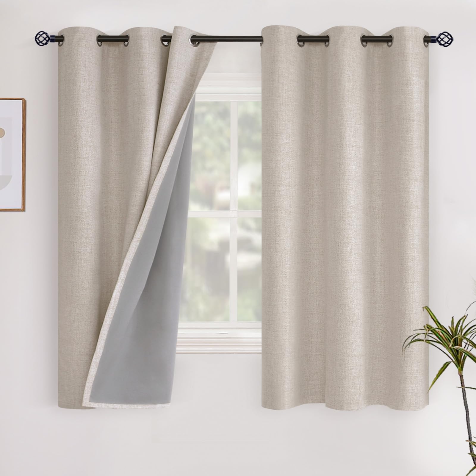 YoungsTex Linen Blackout Curtains 63 Inch Length for Bedroom, Room Darkening Window Drapes with Grommet Thermal Insulated Black Out Blinds for Living Room, 2 Panels, 52 X 63 Inch, Beige