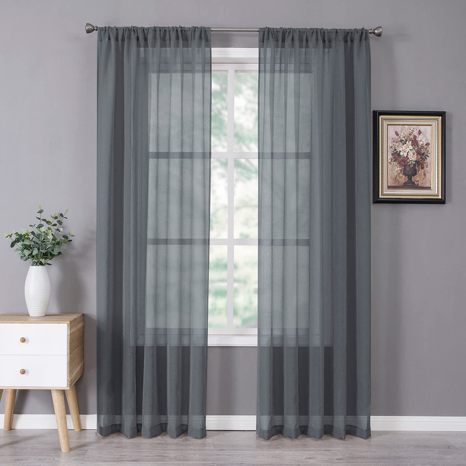 Tollpiz Short Sheer Curtains Linen Textured Bedroom Curtain Sheers Light Filtering Rod Pocket Voile Curtains for Living Room, 54 x 45 inches Long, White, Set of 2 Panels