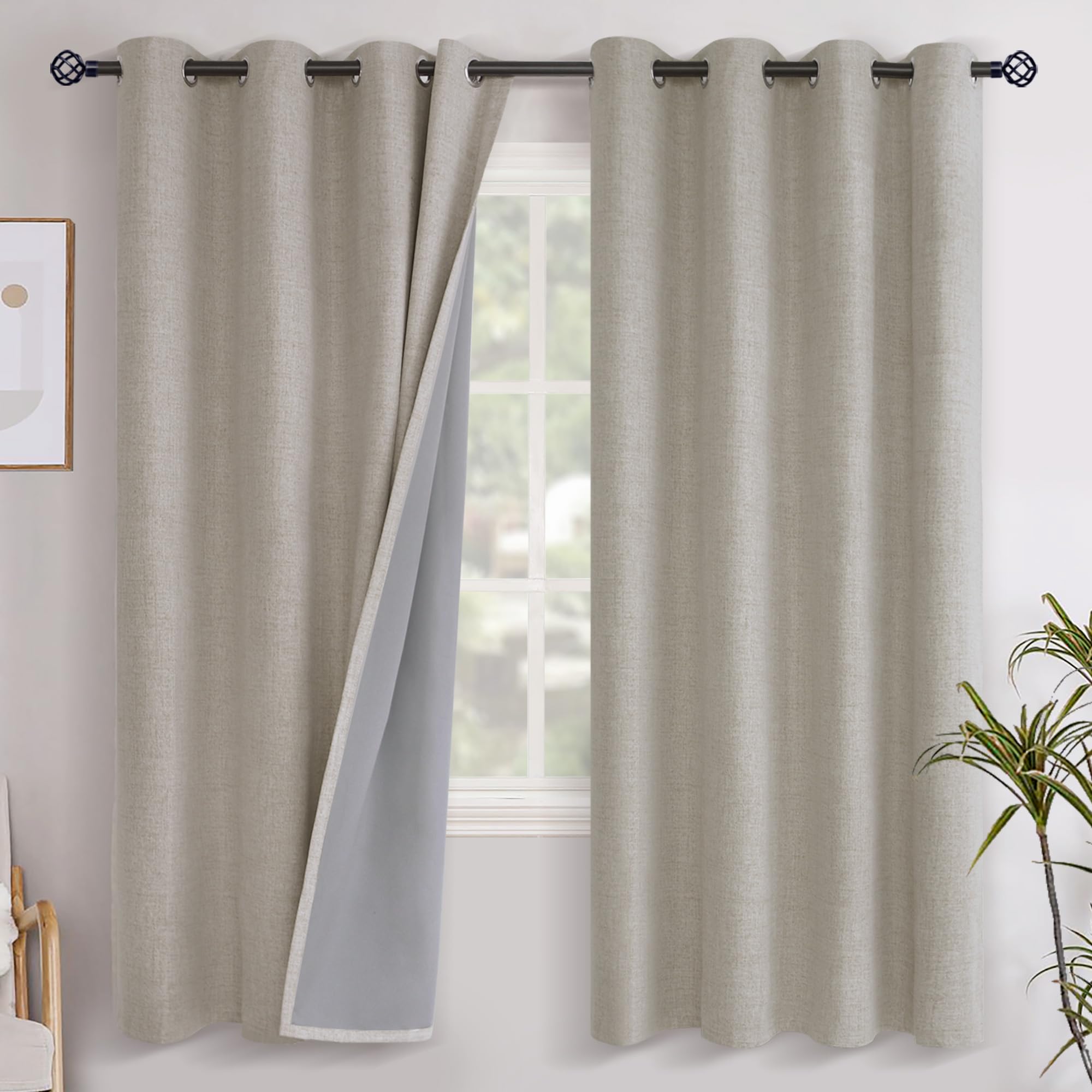 YoungsTex Linen Blackout Curtains 63 Inch Length for Bedroom, Room Darkening Window Drapes with Grommet Thermal Insulated Black Out Blinds for Living Room, 2 Panels, 52 X 63 Inch, Beige