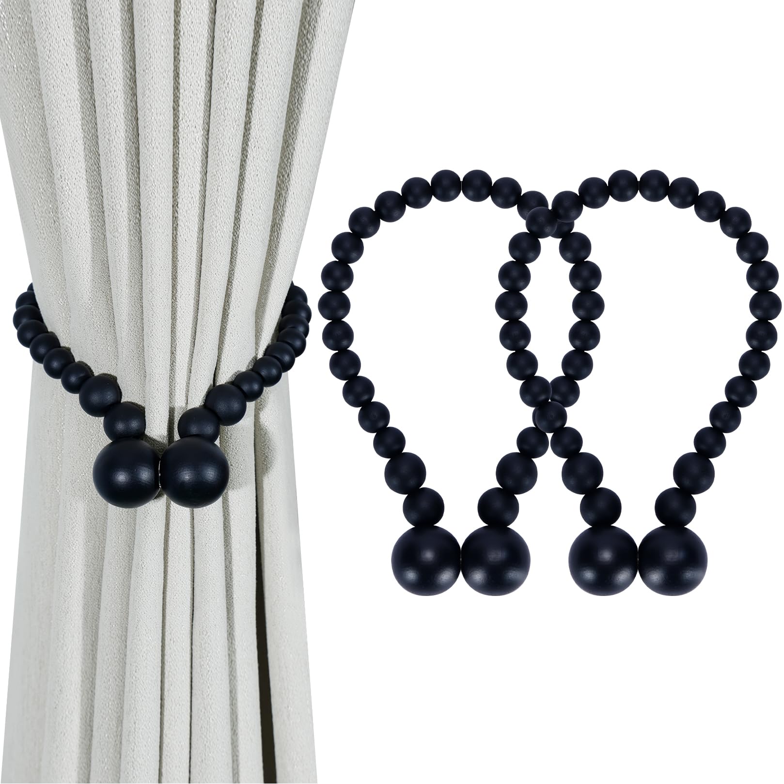 KLOGTSIND Magnetic Curtain Tiebacks, Curtain Holdbacks for Curtains 2 Pack, Wood Bead Curtain Holders for Boho Bedroom Decor, Baby Nursery Decor, Farmhouse Decor