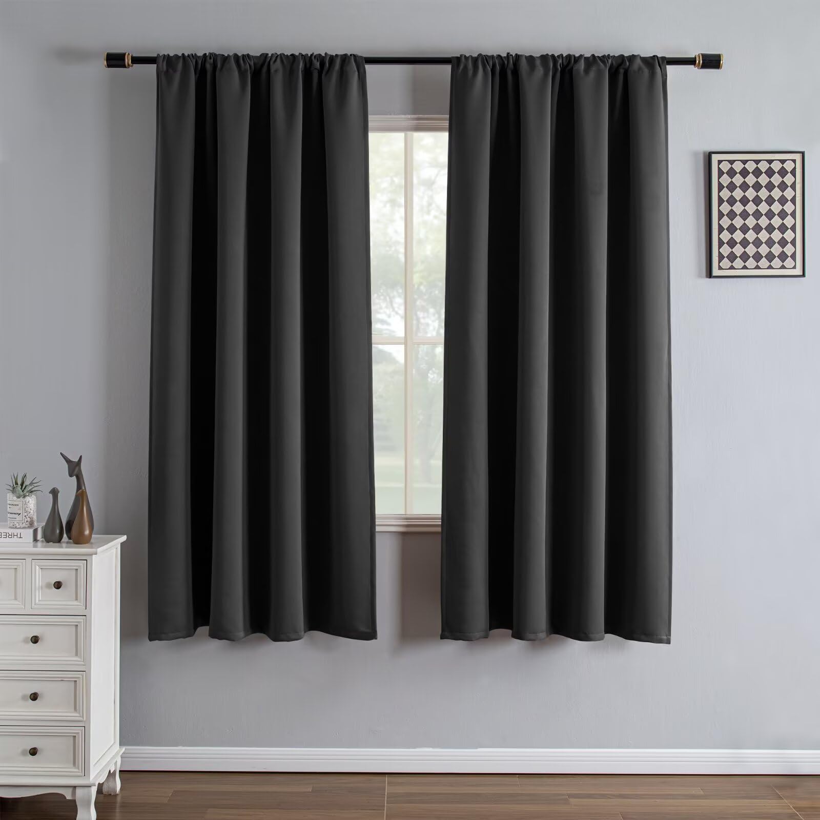 IGEMAEVE Black 100% Blackout Curtains 84 Inch Length 2 Panels Set, Black Out Curtains for Bedroom 84 Inch Long, Rod Pocket Energy Saving Room Darkening Drapes for Living Room Dining Room Window