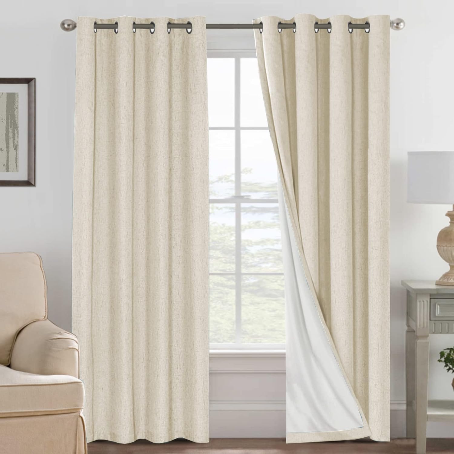 H.VERSAILTEX 100% Blackout Curtains Ivory, Linen Blackout Curtains 96 inch Curtains 2 Panel Set, Elegant Curtain for Bedroom Grommet Drapes for Living Room
