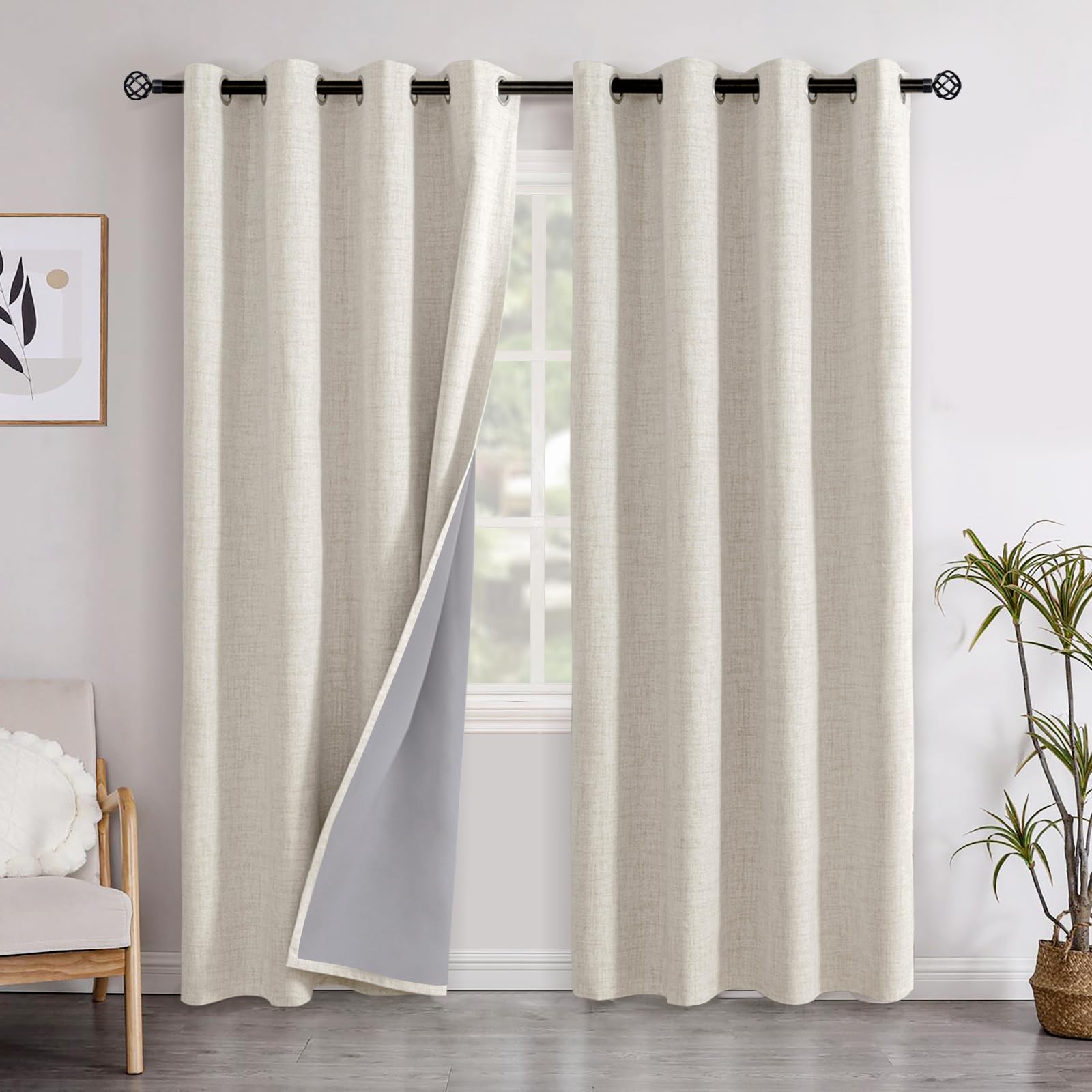 YoungsTex Linen Blackout Curtains 63 Inch Length for Bedroom, Room Darkening Window Drapes with Grommet Thermal Insulated Black Out Blinds for Living Room, 2 Panels, 52 X 63 Inch, Beige