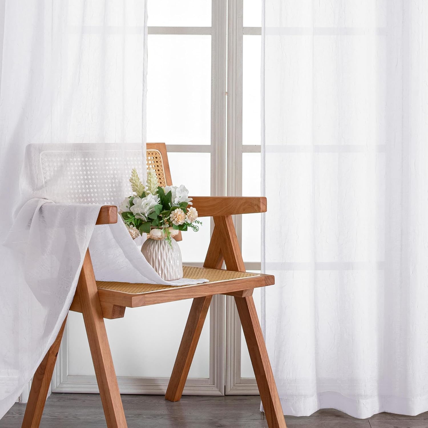 Chyhomenyc Crushed Sheer White Curtains 84 Inch Length 2 Panels, Light Filtering Solid Crinkle Voile Lightweight Textured Sheer Curtian for Bedroom, Each 42Wx84L Inches