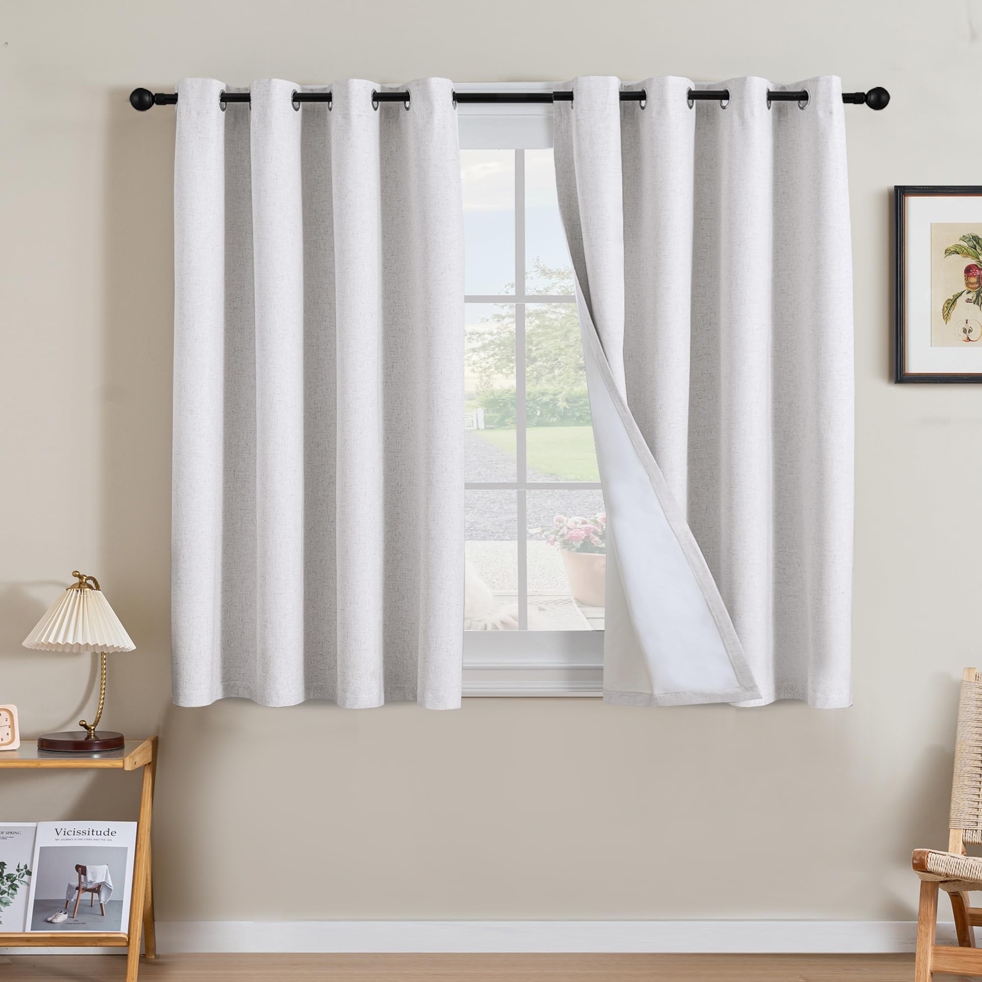 H.VERSAILTEX 100% Blackout Curtains Ivory, Linen Blackout Curtains 96 inch Curtains 2 Panel Set, Elegant Curtain for Bedroom Grommet Drapes for Living Room