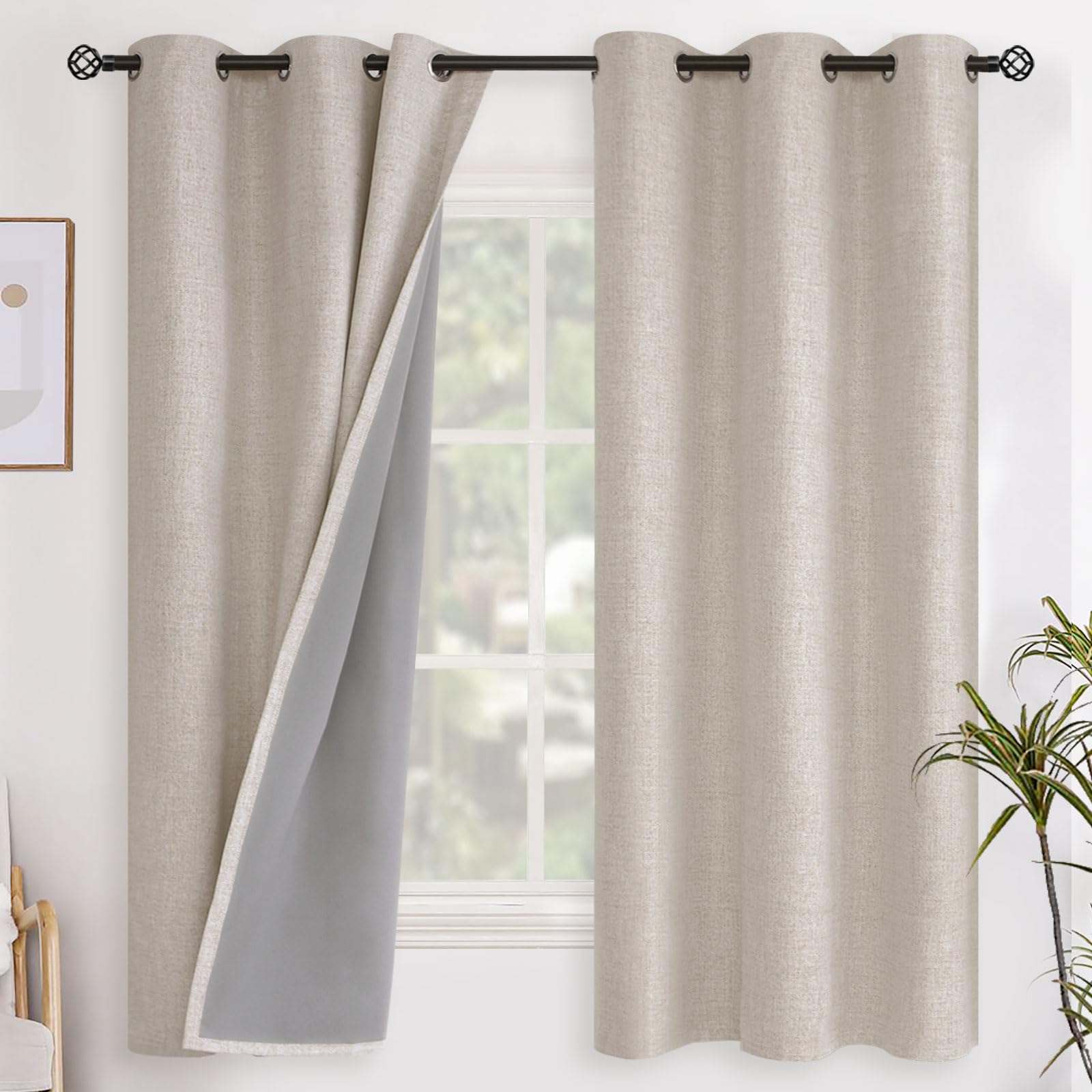YoungsTex Linen Blackout Curtains 63 Inch Length for Bedroom, Room Darkening Window Drapes with Grommet Thermal Insulated Black Out Blinds for Living Room, 2 Panels, 52 X 63 Inch, Beige