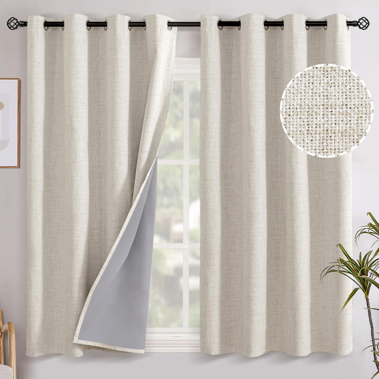 YoungsTex Linen Blackout Curtains 63 Inch Length for Bedroom, Room Darkening Window Drapes with Grommet Thermal Insulated Black Out Blinds for Living Room, 2 Panels, 52 X 63 Inch, Beige