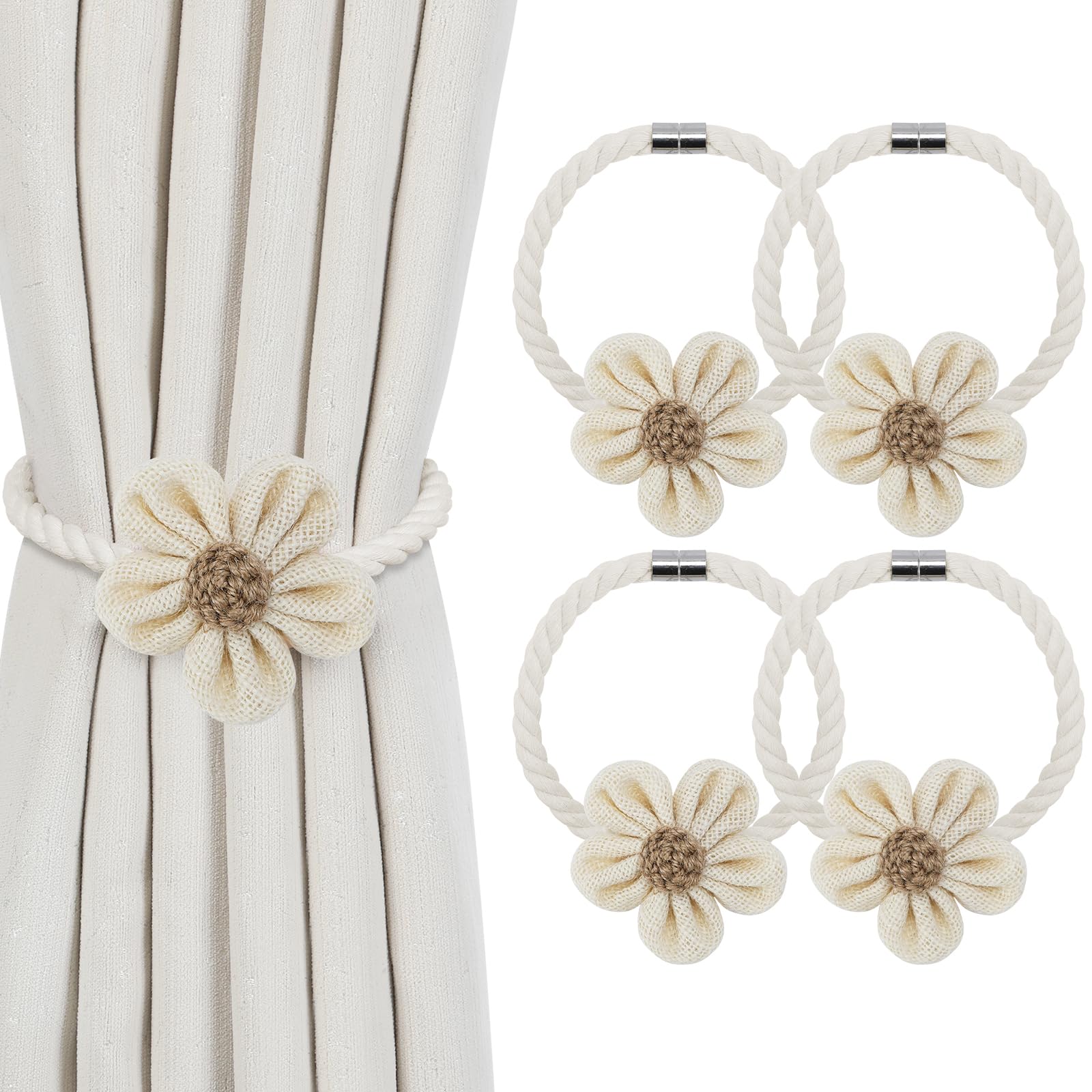 KLOGTSIND Flower Curtain Tiebacks, 2 Pack Boho Curtain Ties Elegant DIY Curtain Holdbacks, Decorative Window Drape Twist Tie Backs for Bedroom Decor, Nursery Decor, Farmhouse Decor