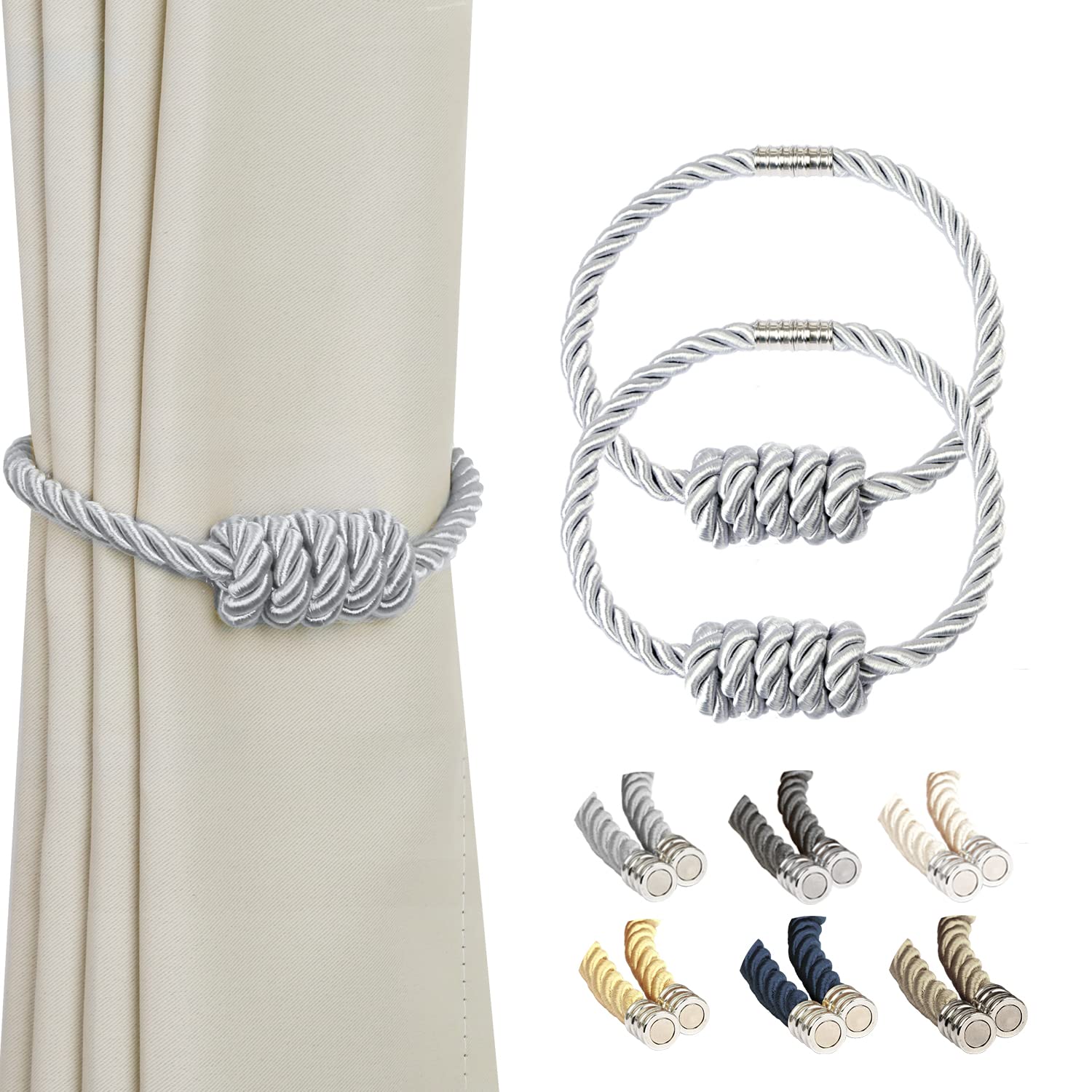 BEL AVENIR Magnetic Jute Curtain Tiebacks, Decorative Drapery Holdbacks Bohemian Style Woven Tie-Backs with Exquisite Knot (Jute, 2 Pack)