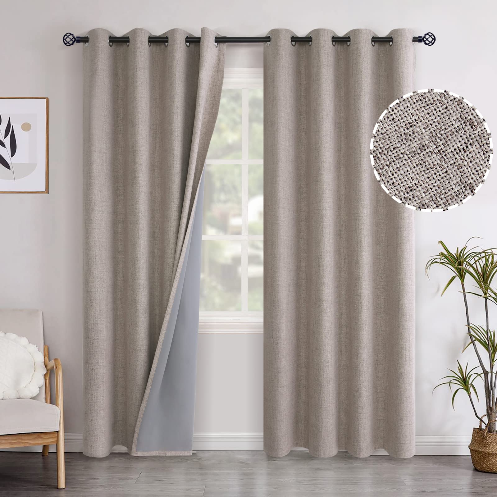 YoungsTex Linen Blackout Curtains 63 Inch Length for Bedroom, Room Darkening Window Drapes with Grommet Thermal Insulated Black Out Blinds for Living Room, 2 Panels, 52 X 63 Inch, Beige