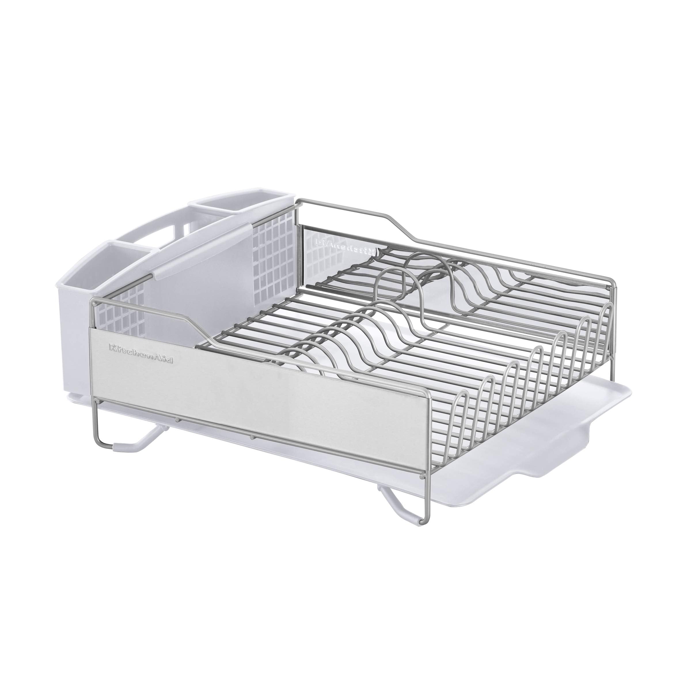 KitchenAid Large Capacity Full Size Rust Resistant Dish Rack with Angled Drain Board and Removable Flatware Caddy, Light Grey