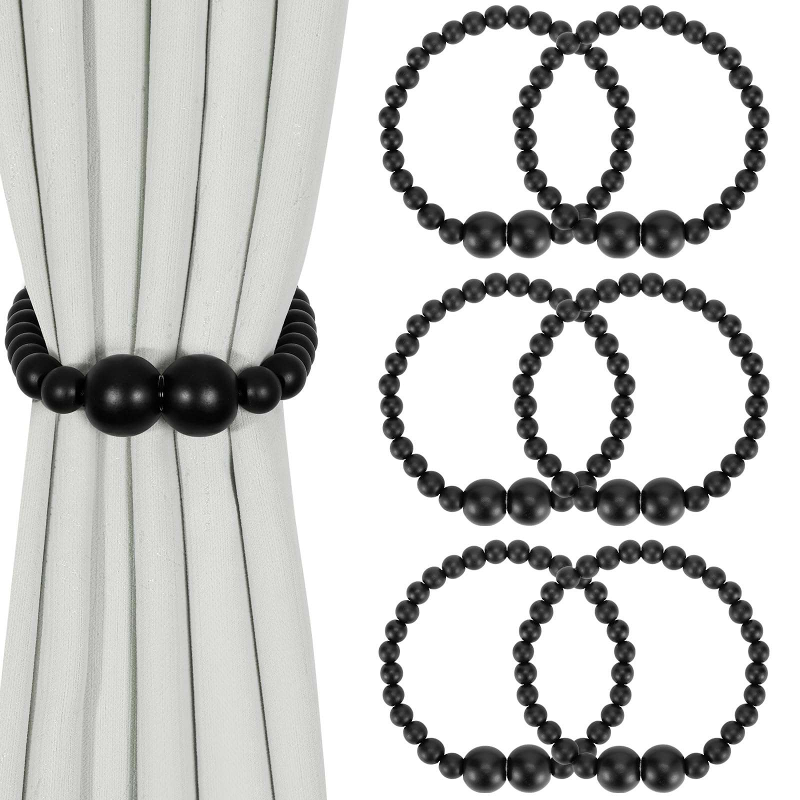 Magnetic Curtain Tiebacks, 2 Pack Curtain Holdbacks for Draperies, Wood Bead Curtain Tiebacks, Elegant Curtain Tie Backs for Bedroom Decor, Boho Room Decor, Nursery Decor, Farmhouse Decor