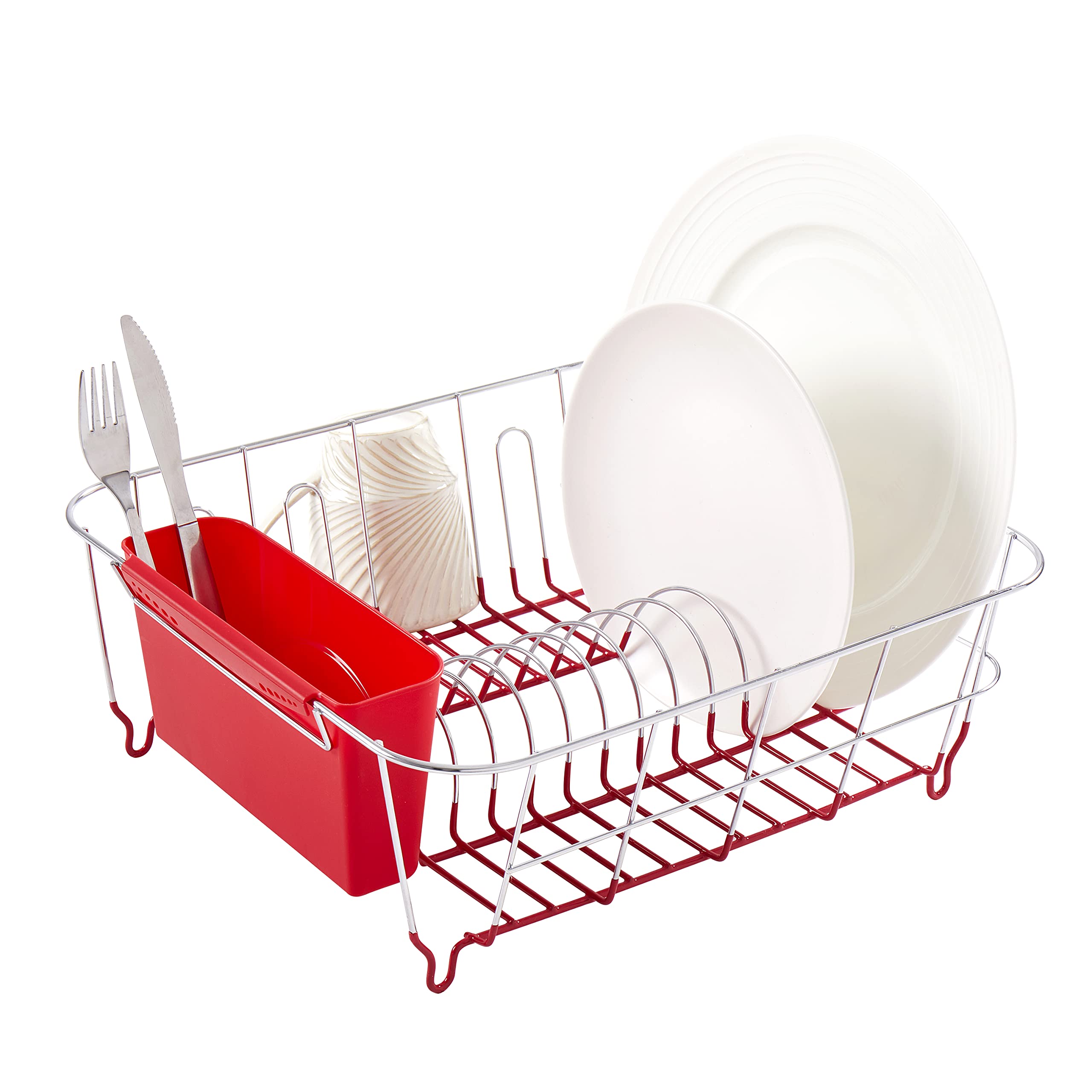 Dish Drying Rack & Cutlery Holder 2 Piece Set - Compact Sink-Fitting Dish Drainer with Rubberized Undercoating, Space-Saving Kitchen Organizer for Plates, Cups, Bowls & Utensils in Sink, Silver