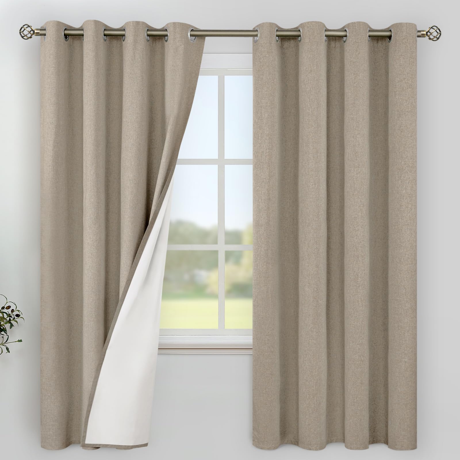 YoungsTex Linen Blackout Curtains 63 Inches Long for Bedroom, Room Darkening Window Drapes with Grommet Thermal Insulated Black Out for Living Room, 2 Panels, 52 X 63 Inch