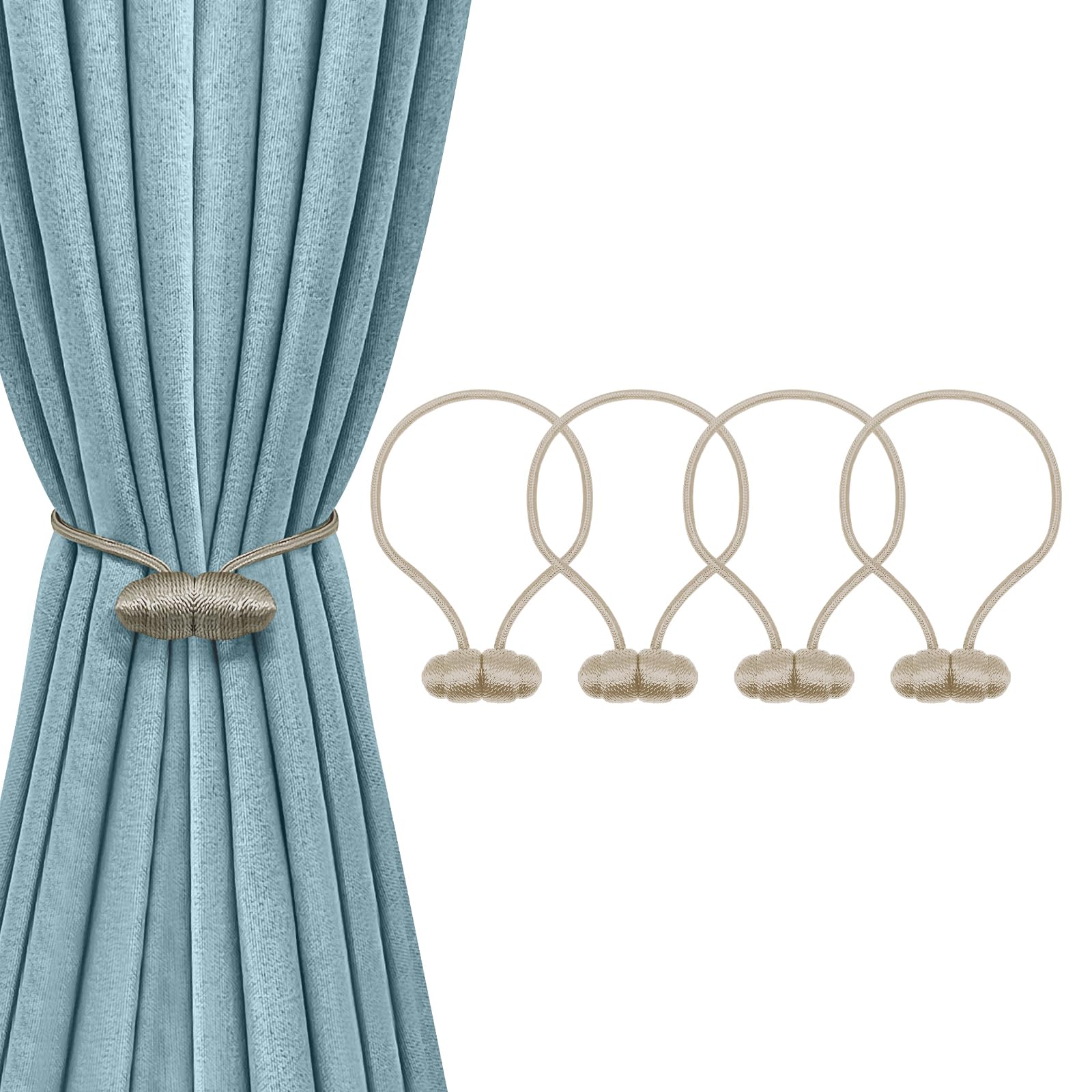 Tifanso Black Magnetic Curtain Tiebacks - 4pcs Decorative Curtain Tie Backs, No Drill Closure Drapery Tiebacks Holdbacks, Boho Drapes Straps Ropes for Bedroom, Bathroom, Farmhouse Decor
