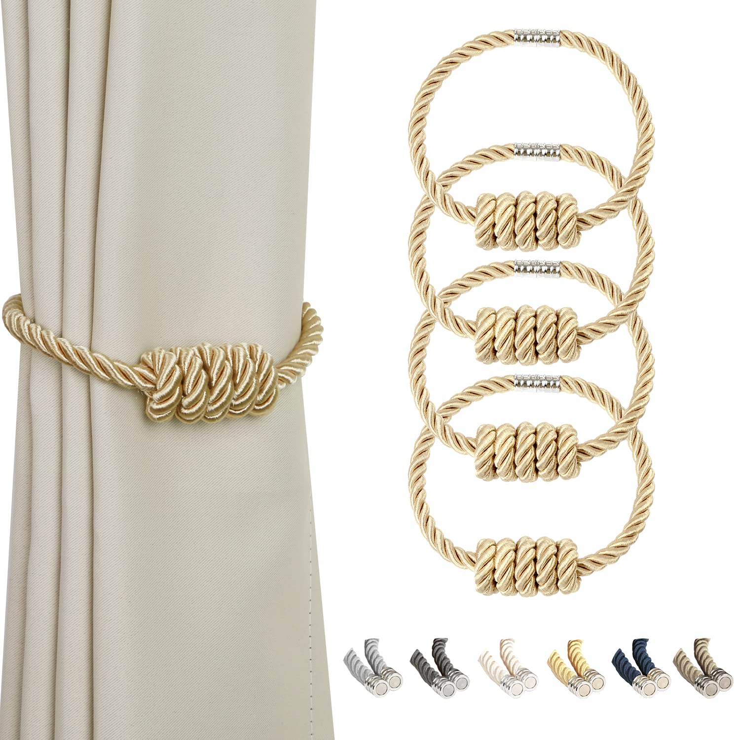 BEL AVENIR Magnetic Jute Curtain Tiebacks, Decorative Drapery Holdbacks Bohemian Style Woven Tie-Backs with Exquisite Knot (Jute, 2 Pack)