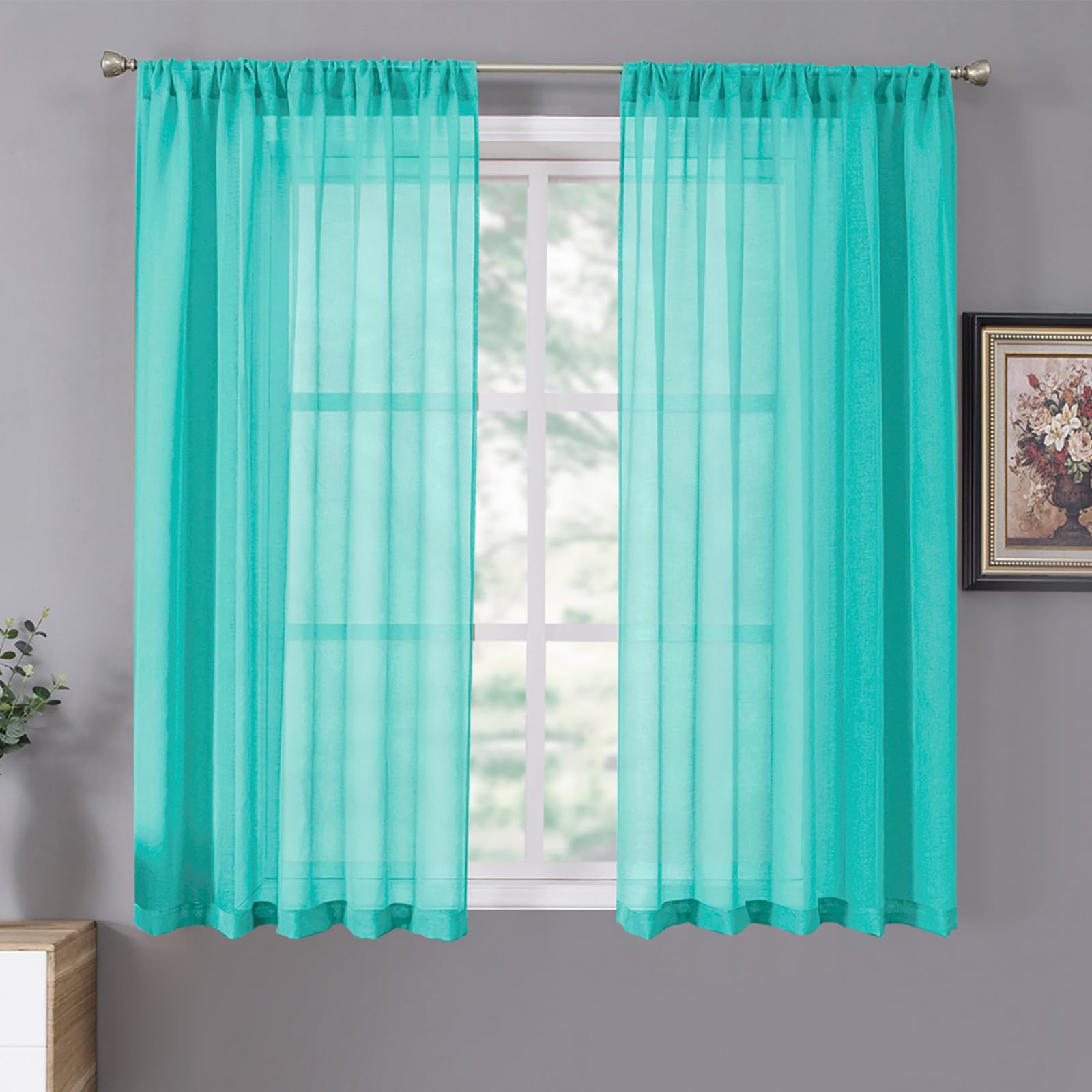 Tollpiz Short Sheer Curtains Linen Textured Bedroom Curtain Sheers Light Filtering Rod Pocket Voile Curtains for Living Room, 54 x 45 inches Long, White, Set of 2 Panels