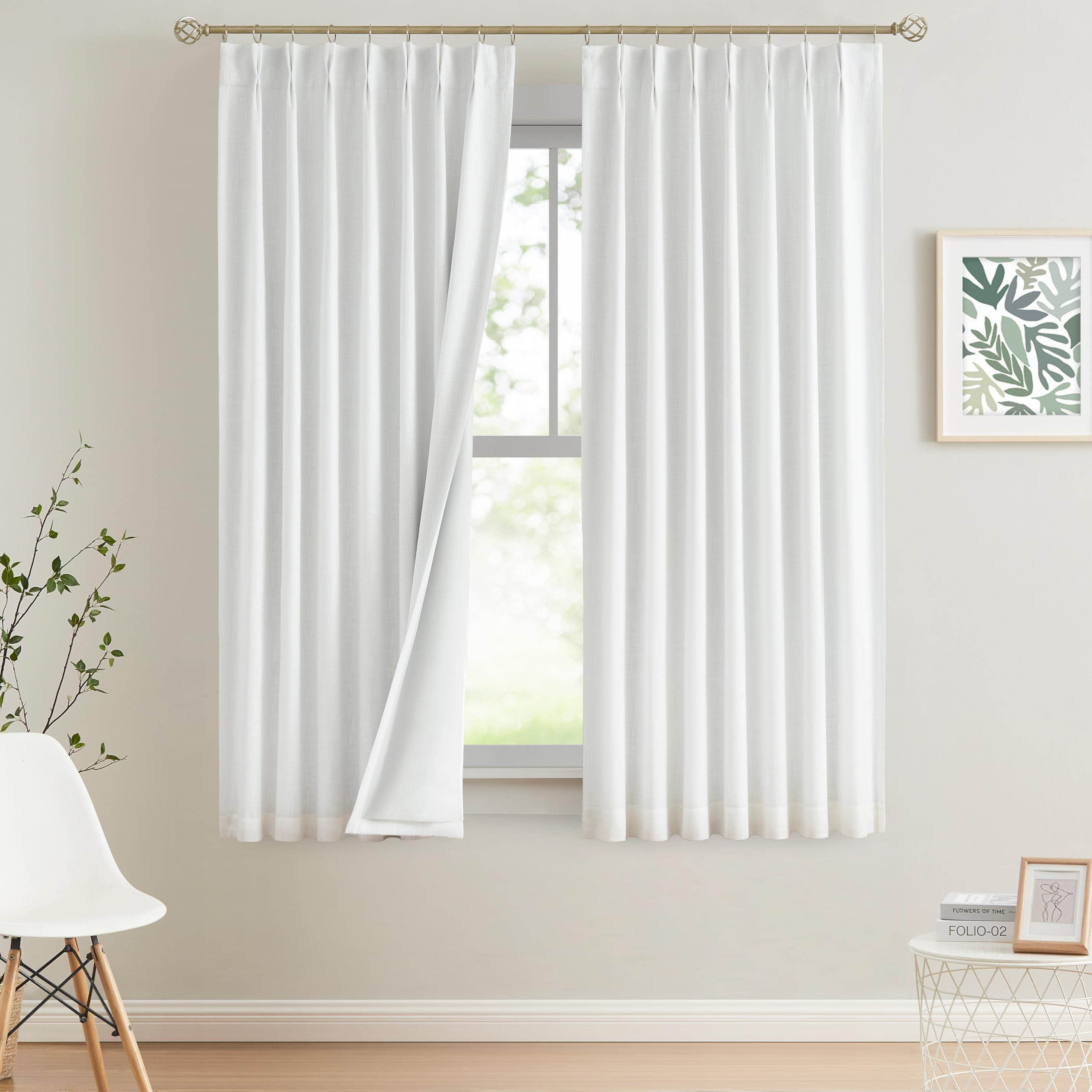 Vision Home Natural Pinch Pleated Full Blackout Curtains Linen Blended Room Darkening Window Curtains 90 inch for Living Room Bedroom Thermal Insulated Pinch Pleat Drapes with Hooks 2 Panel 40"Wx90"L