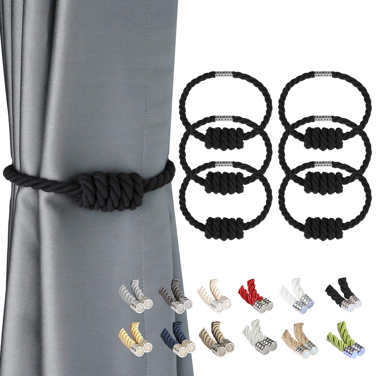 BEL AVENIR Magnetic Jute Curtain Tiebacks, Decorative Drapery Holdbacks Bohemian Style Woven Tie-Backs with Exquisite Knot (Jute, 2 Pack)