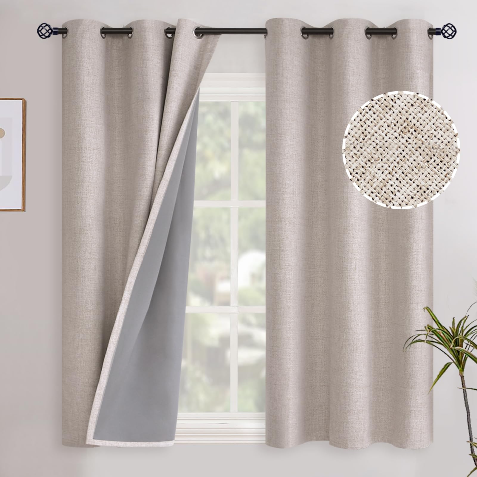 YoungsTex Linen Blackout Curtains 63 Inch Length for Bedroom, Room Darkening Window Drapes with Grommet Thermal Insulated Black Out Blinds for Living Room, 2 Panels, 52 X 63 Inch, Beige