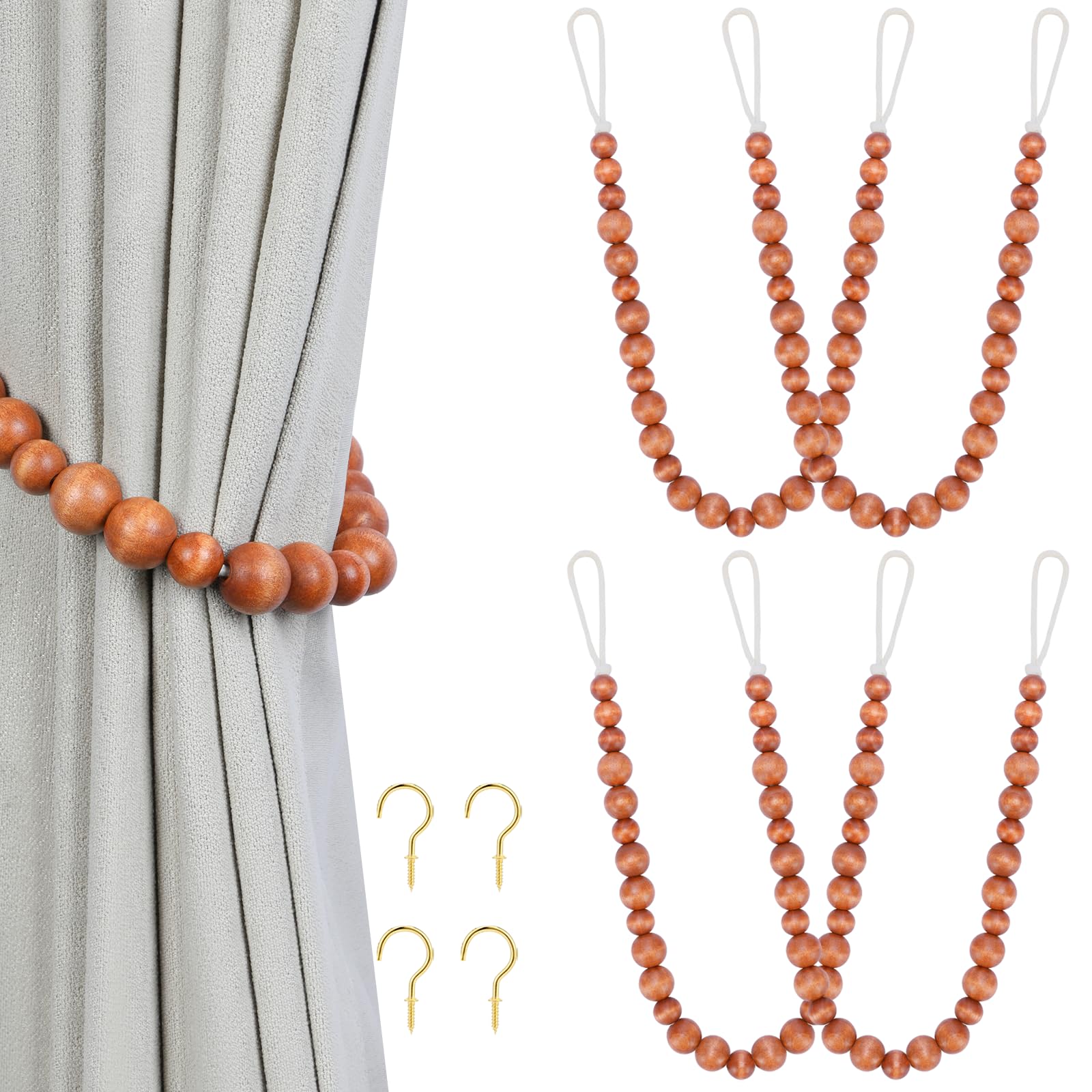 Wood Bead Curtain Tiebacks, KLOGTSIND Set of 2 Curtain Holdbacks for Thin or Thick Window Draperies, Boho Farmhouse Curtain Tiebacks with Hooks, Curtain Tie Backs for Home Office Room Decor