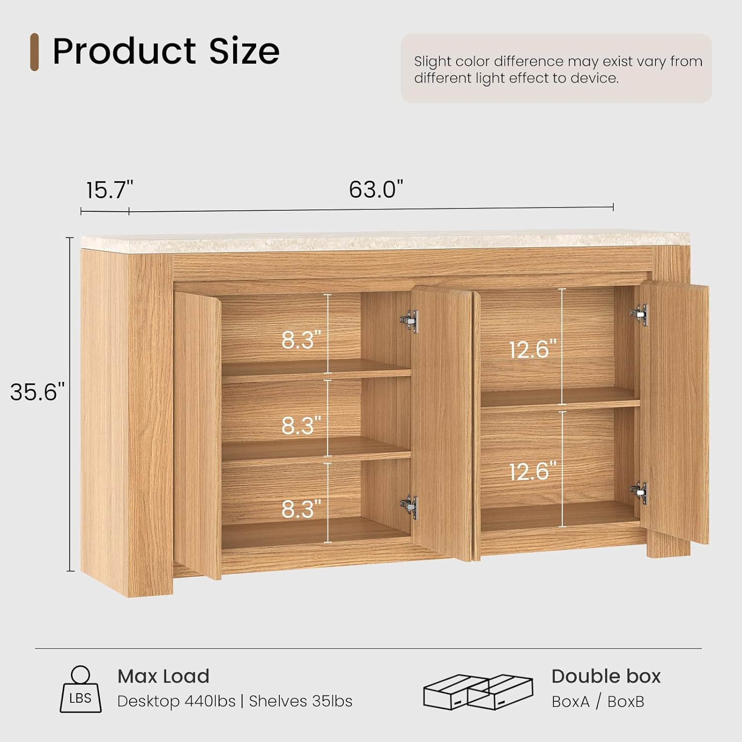 Buffet Cabinet with Storage, 63" Sideboard Buffet Accent Cabinet with Faux Marble Top & 4 Doors, Modern Buffet Table Credenza Cabinets for Living Room, Dining Room, Kitchen（Natural Oak）