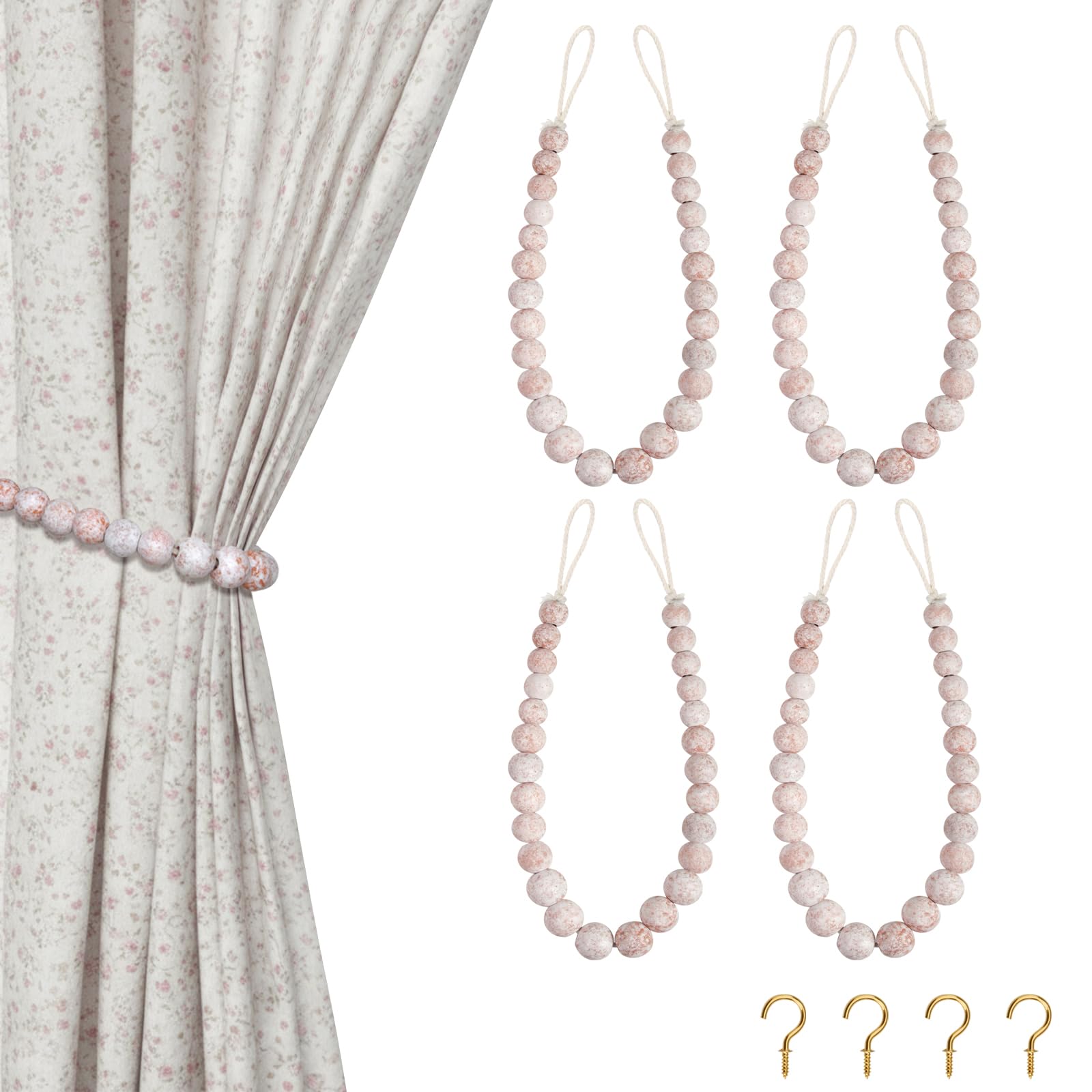 Hion 2 Pcs Boho Curtain Tiebacks,Wood Beads Curtain Holdbacks,Outdoor Farmhouse Tie Backs for Curtains,Curtain Holders for Drapes Home Office Decor with Hooks(Wood Color)