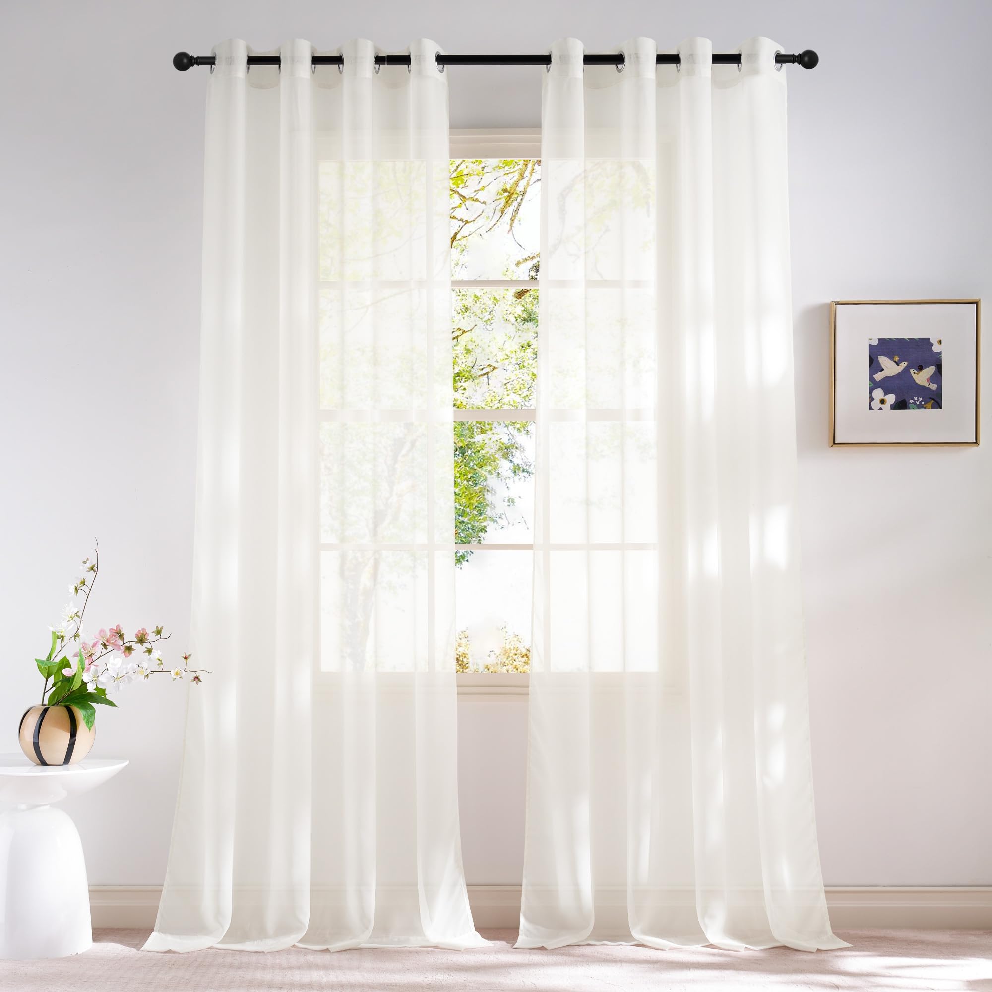 NICETOWN Sheer Curtains Panel 72" Long - Ring Top Window Treatment Sheer Voile Drapes for Bedroom/Living Room (White, Set of 2, W54 x L72)
