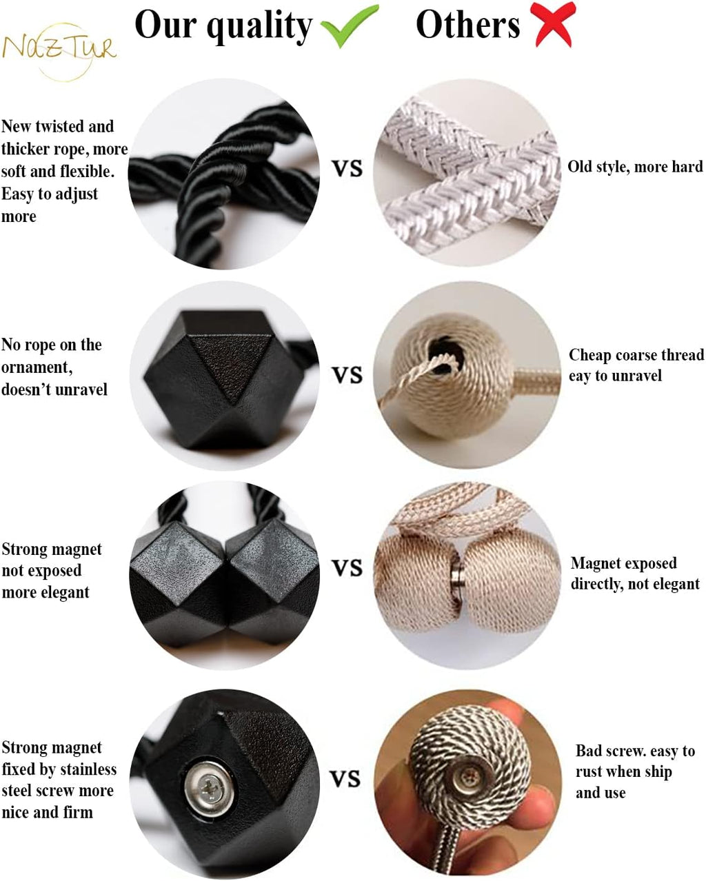 NazTur Magnetic Curtain Tiebacks- Upgrade 2022 with a Thicker Twist Rope & Strong Magnet Tieback Window Treatment Holdbacks Draperies Holders Decorative Drape Handmade Tie Back (Black, 2)