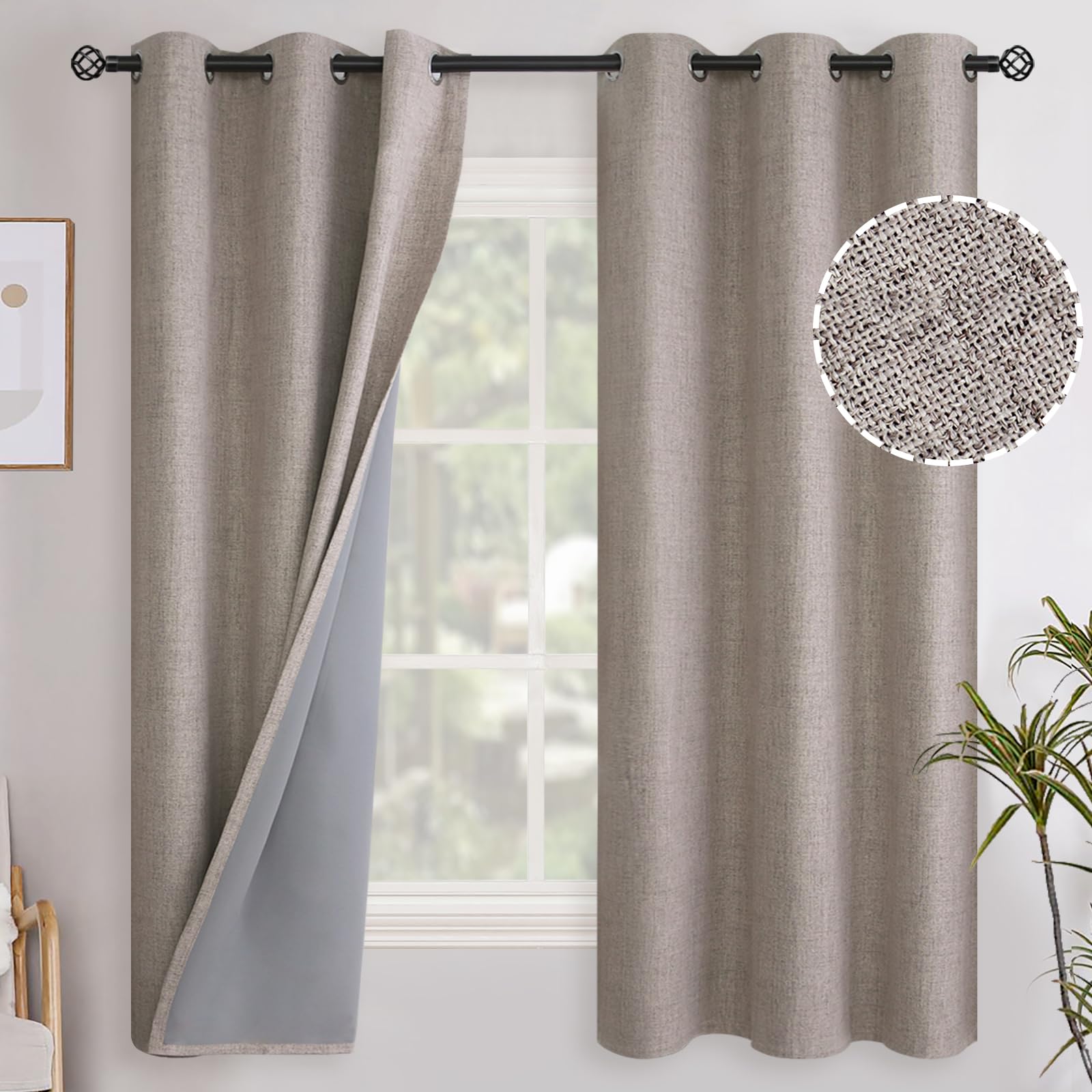 YoungsTex Linen Blackout Curtains 63 Inch Length for Bedroom, Room Darkening Window Drapes with Grommet Thermal Insulated Black Out Blinds for Living Room, 2 Panels, 52 X 63 Inch, Beige