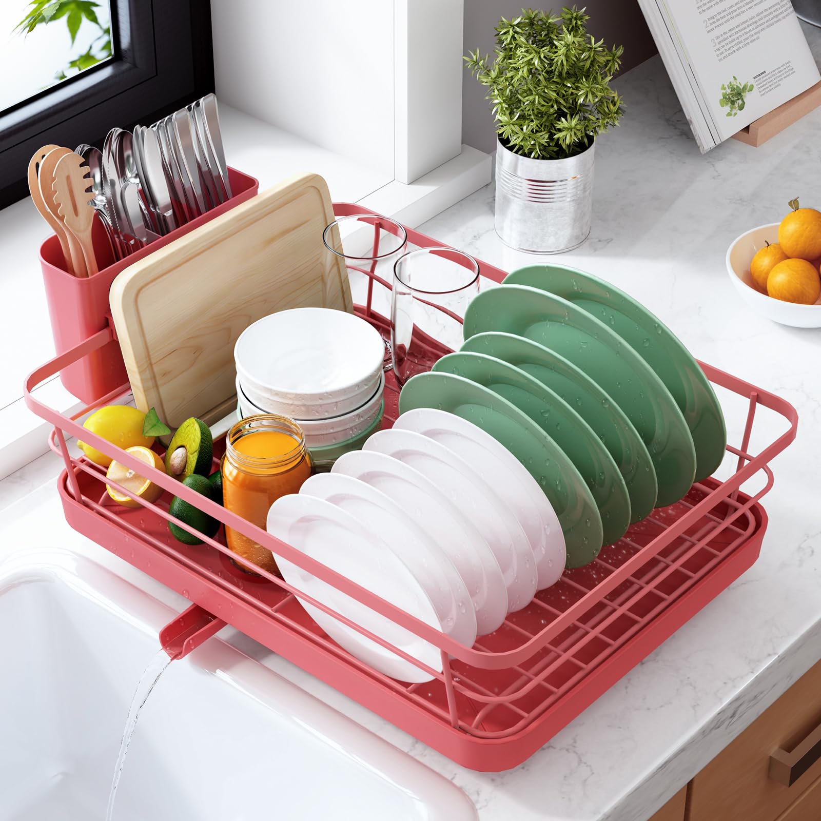 Kitsure Dish Drying Rack for Kitchen Counter, Stainless Steel Sink Organization and Storage Essentials with Cutlery Holder, Home and Appartment Decor, 12''W x 15.5''L, Black