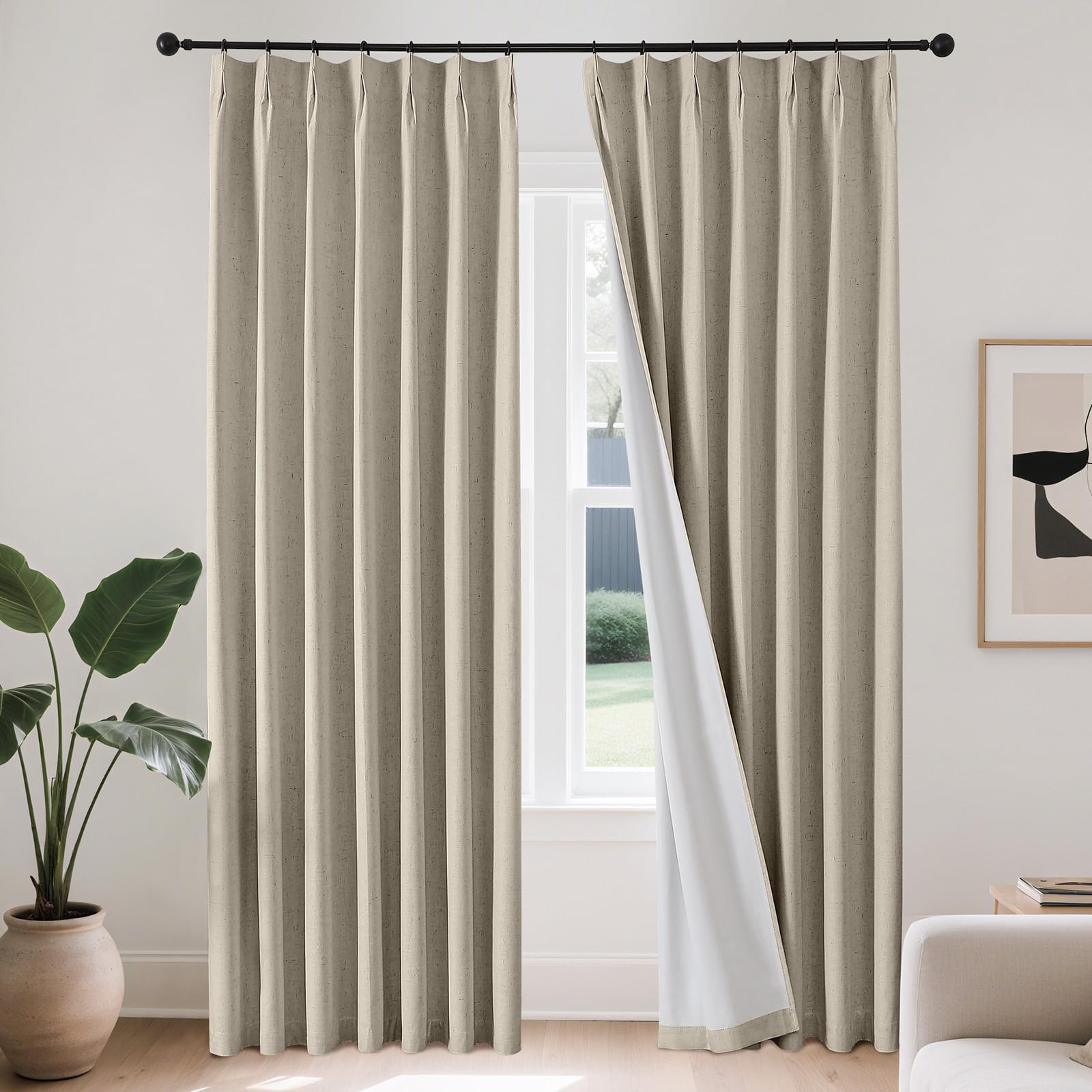 Joydeco Curtains, 108 Inches Long, 2 Panels Set, Farmhouse Drapes for Living Room, Semi-Blackout, Linen-Polyester, Ivory on Linen, Rod Pocket