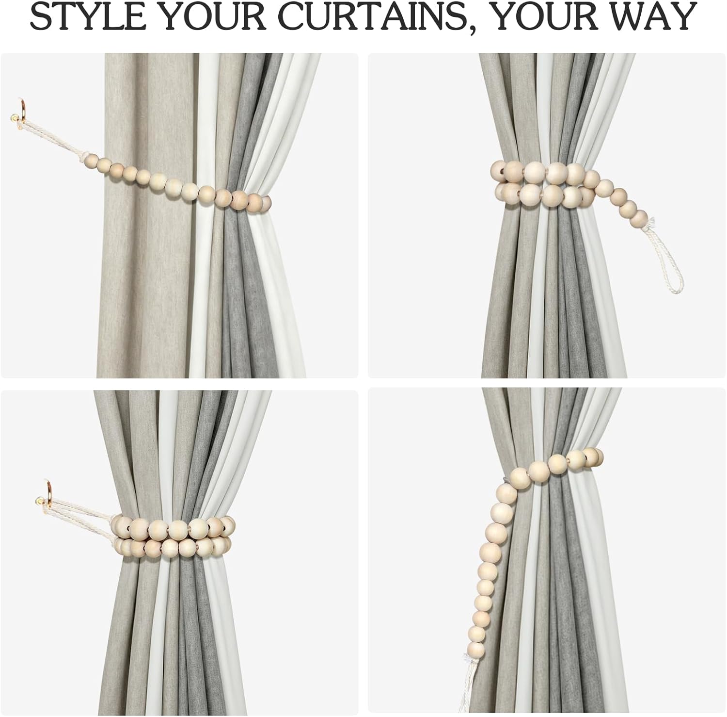 Hion 2 Pcs Boho Curtain Tiebacks,Wood Beads Curtain Holdbacks,Outdoor Farmhouse Tie Backs for Curtains,Curtain Holders for Drapes Home Office Decor with Hooks(Wood Color)