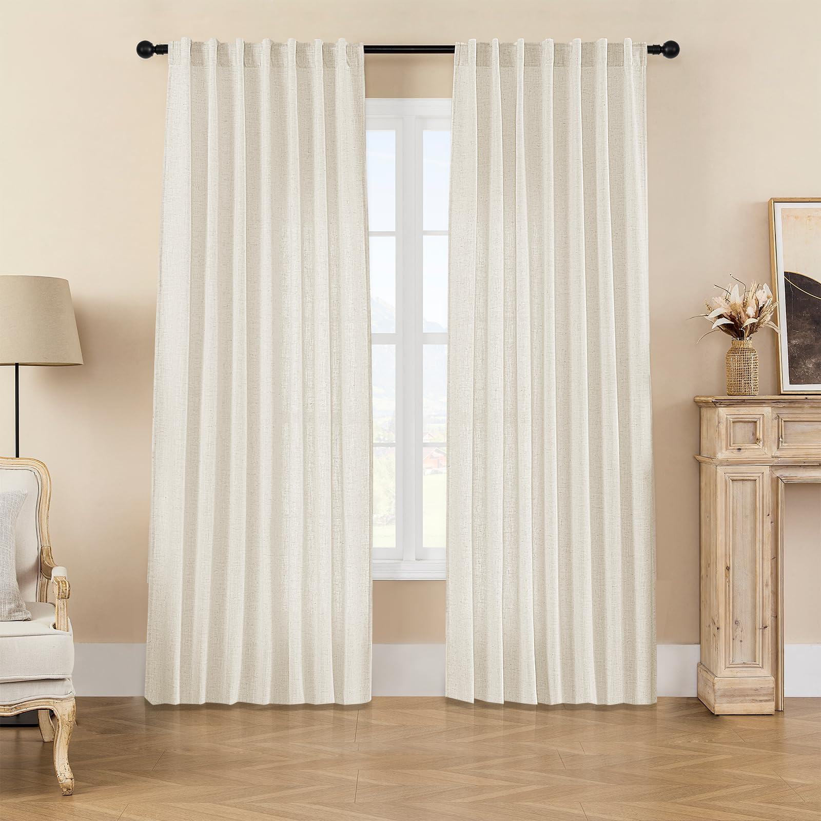 Joydeco Curtains, 108 Inches Long, 2 Panels Set, Farmhouse Drapes for Living Room, Semi-Blackout, Linen-Polyester, Ivory on Linen, Rod Pocket