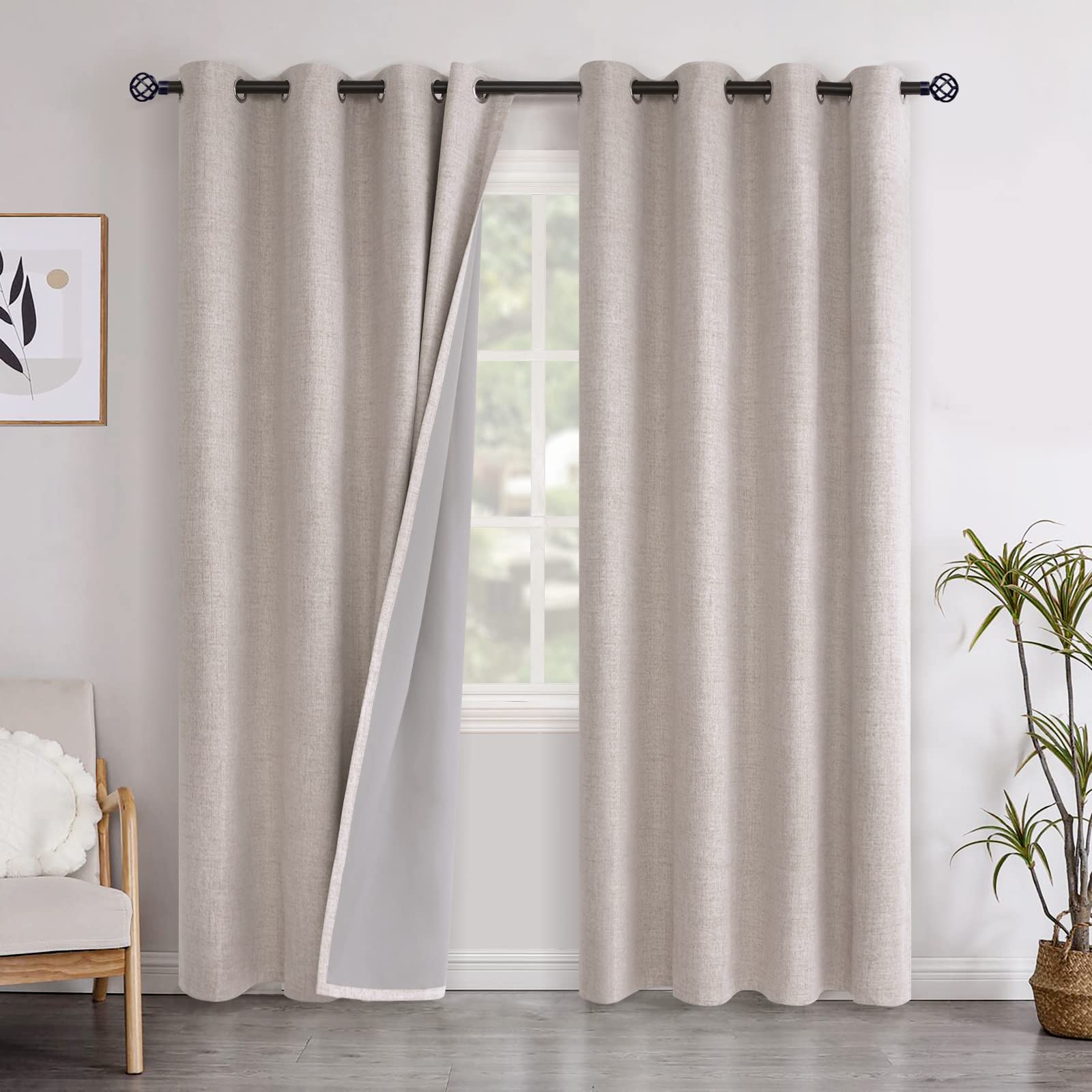 YoungsTex Linen Blackout Curtains 63 Inch Length for Bedroom, Room Darkening Window Drapes with Grommet Thermal Insulated Black Out Blinds for Living Room, 2 Panels, 52 X 63 Inch, Beige