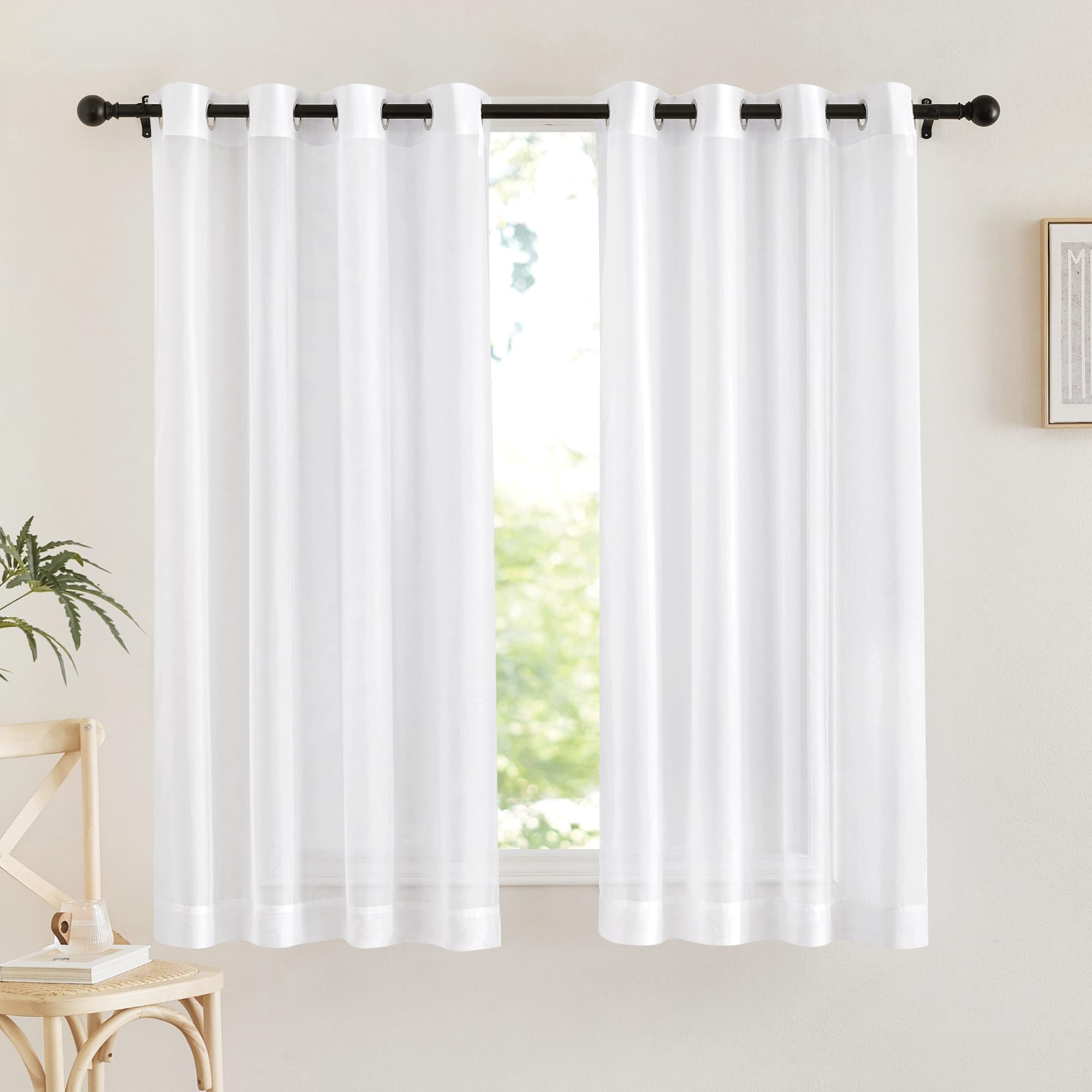 NICETOWN Sheer Curtains Panel 72" Long - Ring Top Window Treatment Sheer Voile Drapes for Bedroom/Living Room (White, Set of 2, W54 x L72)