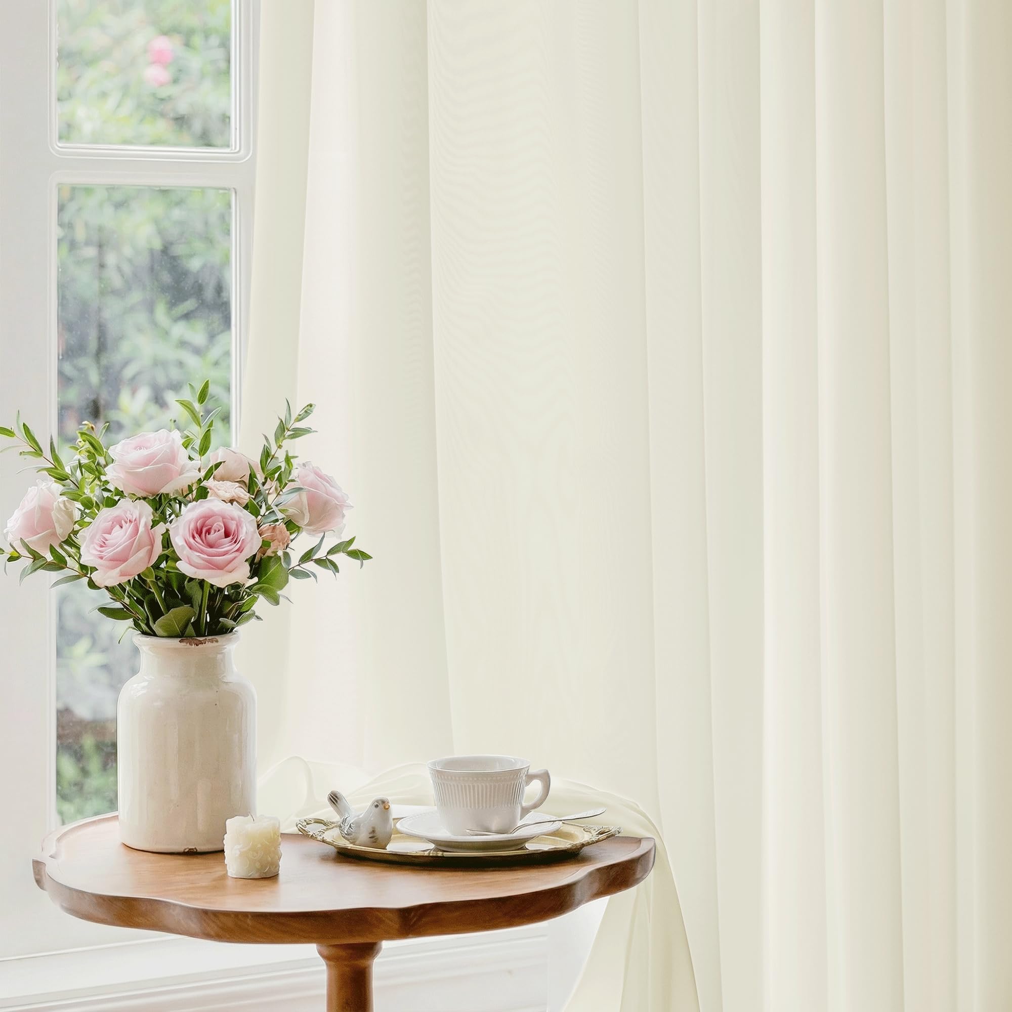 Beauoop Soft White Semi Sheer Curtains 84 Inches Long 2 Panels for Living Room Bedroom Faux Silk Light Filtering Non-See-Through Privacy Airy Rod Pocket Voile Window Treatment Drapes, 52x84 Set of 2