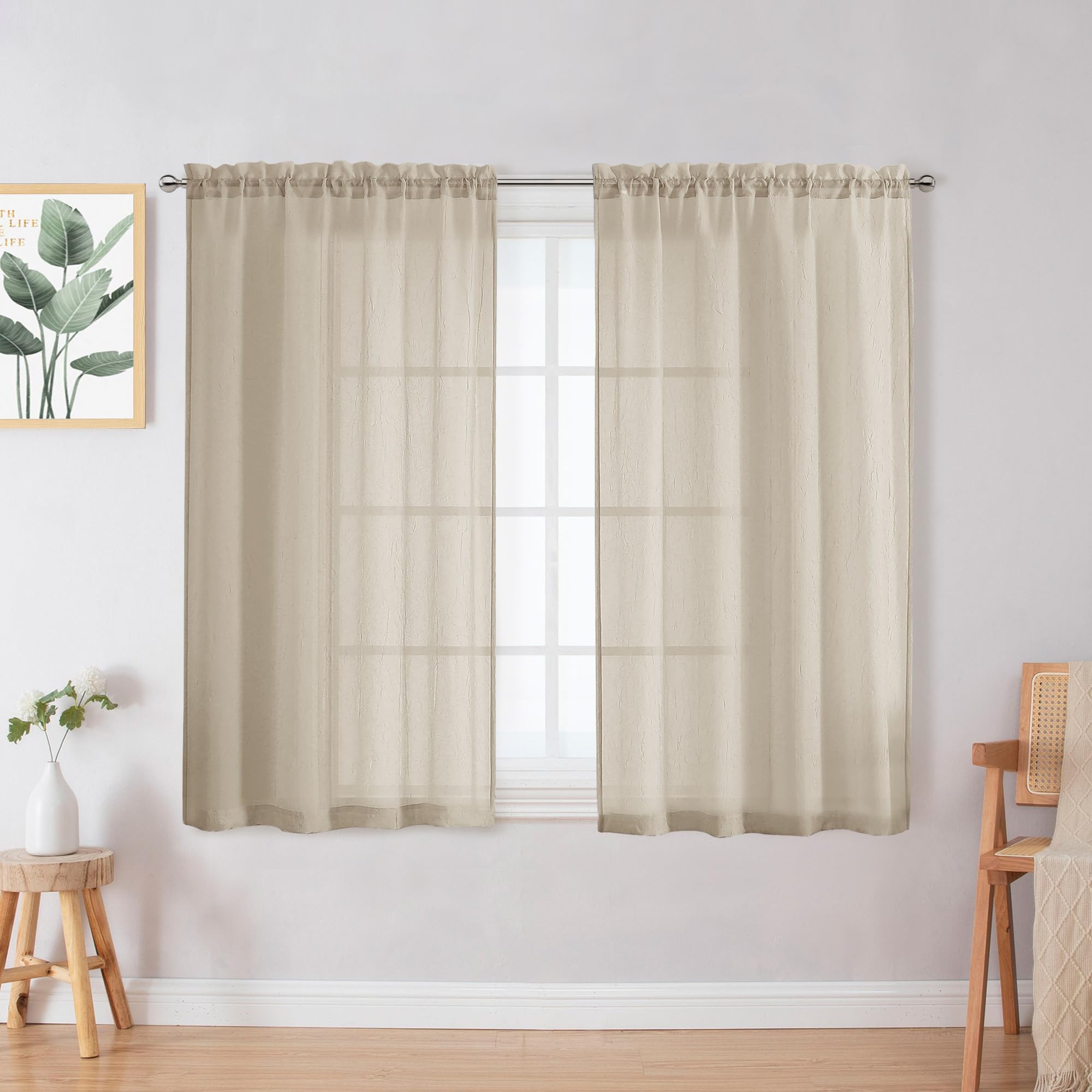 Chyhomenyc Crushed Sheer White Curtains 84 Inch Length 2 Panels, Light Filtering Solid Crinkle Voile Lightweight Textured Sheer Curtian for Bedroom, Each 42Wx84L Inches