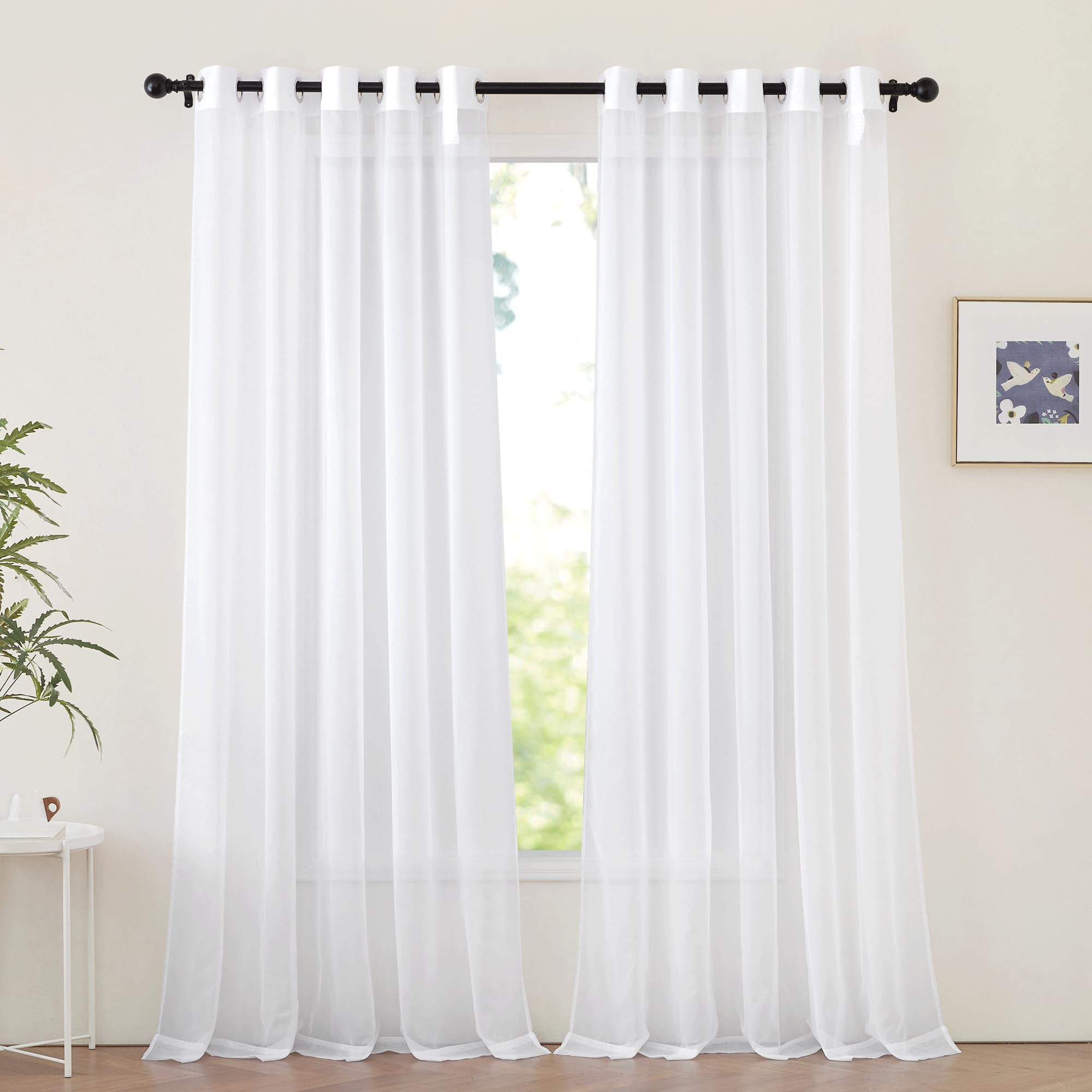 NICETOWN Sheer Curtains Panel 72" Long - Ring Top Window Treatment Sheer Voile Drapes for Bedroom/Living Room (White, Set of 2, W54 x L72)