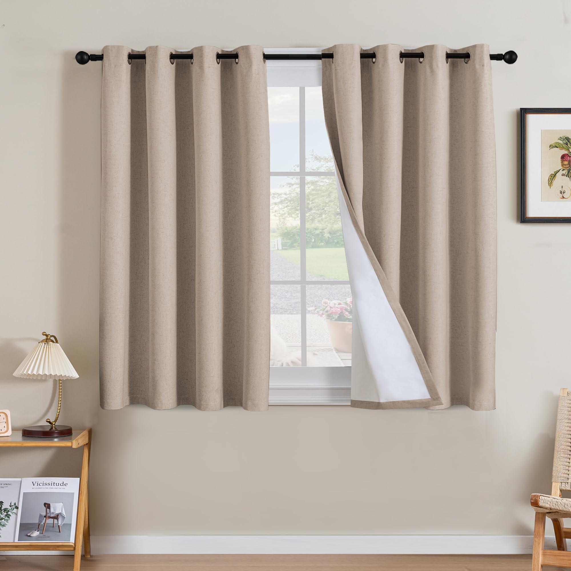 H.VERSAILTEX 100% Blackout Curtains Ivory, Linen Blackout Curtains 96 inch Curtains 2 Panel Set, Elegant Curtain for Bedroom Grommet Drapes for Living Room