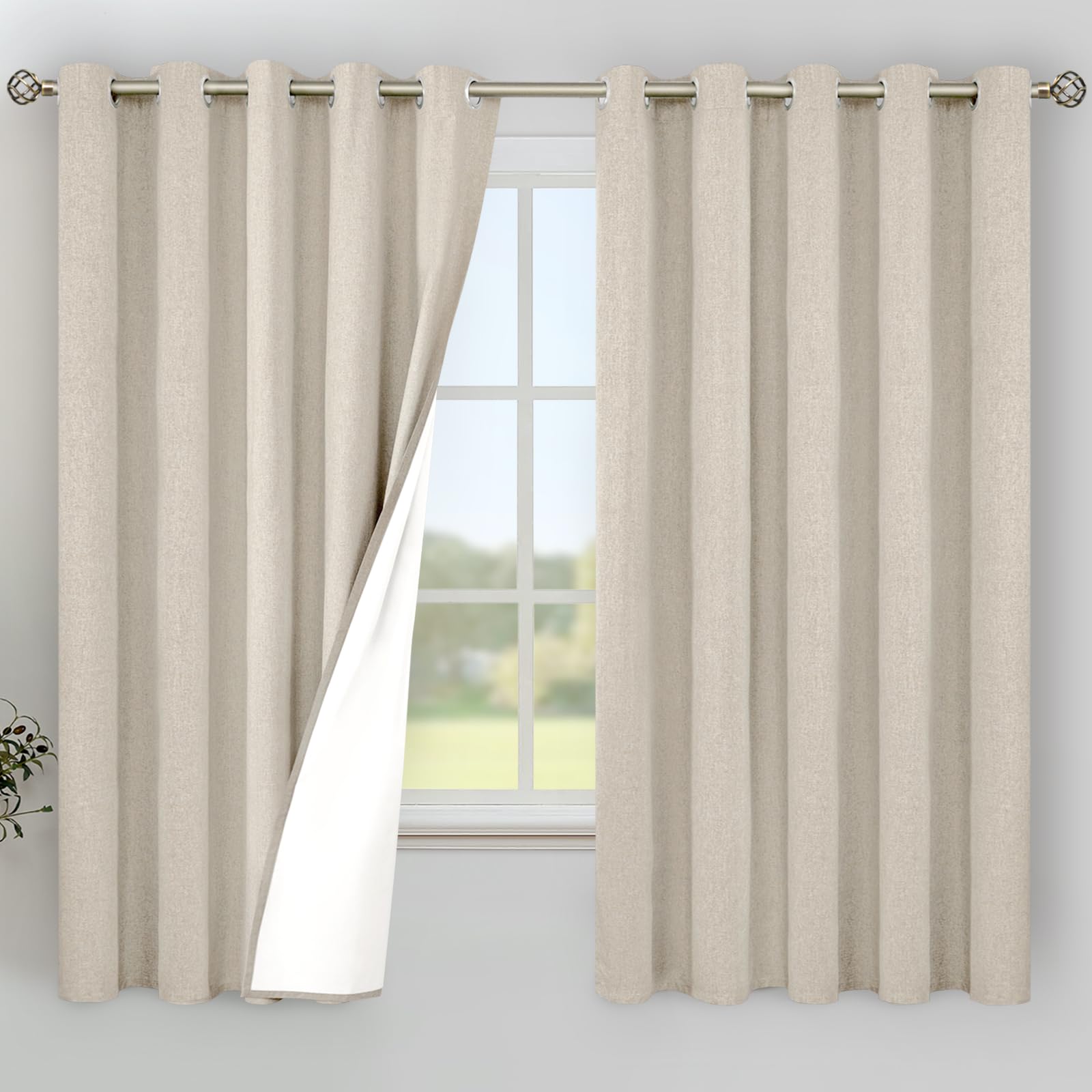 YoungsTex Linen Blackout Curtains 63 Inches Long for Bedroom, Room Darkening Window Drapes with Grommet Thermal Insulated Black Out for Living Room, 2 Panels, 52 X 63 Inch