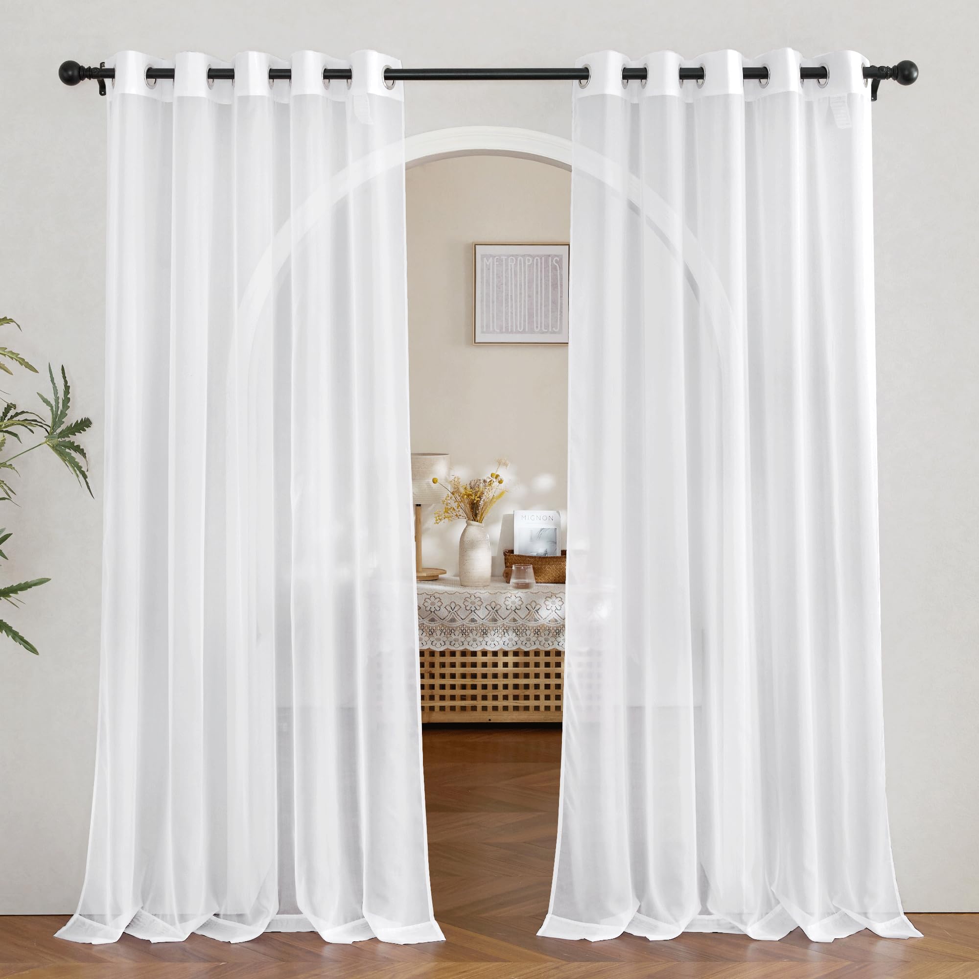 NICETOWN Sheer Curtains Panel 72" Long - Ring Top Window Treatment Sheer Voile Drapes for Bedroom/Living Room (White, Set of 2, W54 x L72)