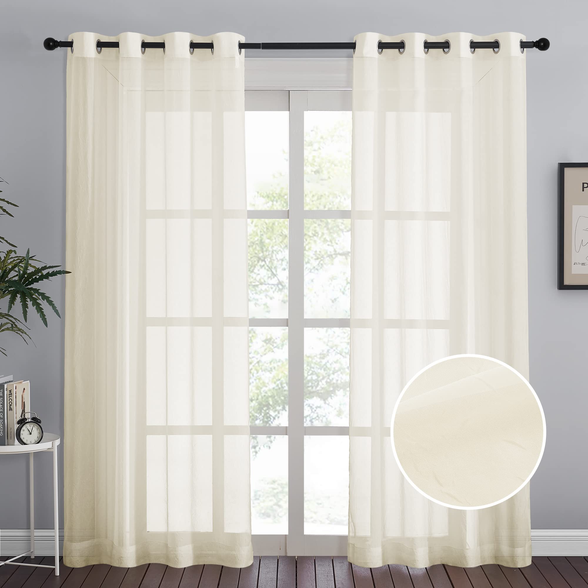 NICETOWN Crushed Voile Sheer Curtains for Big Windows, Grommet Top Crinkled Sheer Voile Window Treatment Light and Airy Drapes for Parlor/Porch (Set of 2, 52" Width x 95" Length, White)