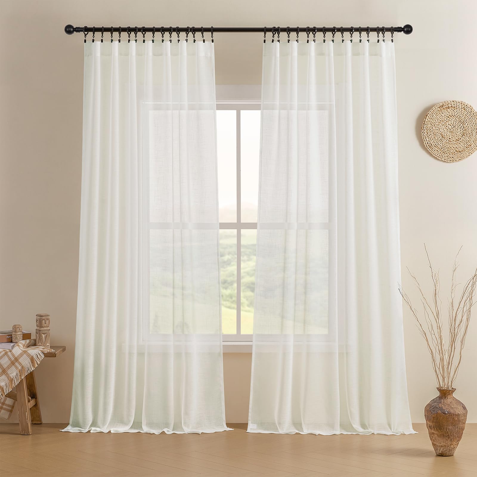 Joydeco Curtains, 108 Inches Long, 2 Panels Set, Farmhouse Drapes for Living Room, Semi-Blackout, Linen-Polyester, Ivory on Linen, Rod Pocket