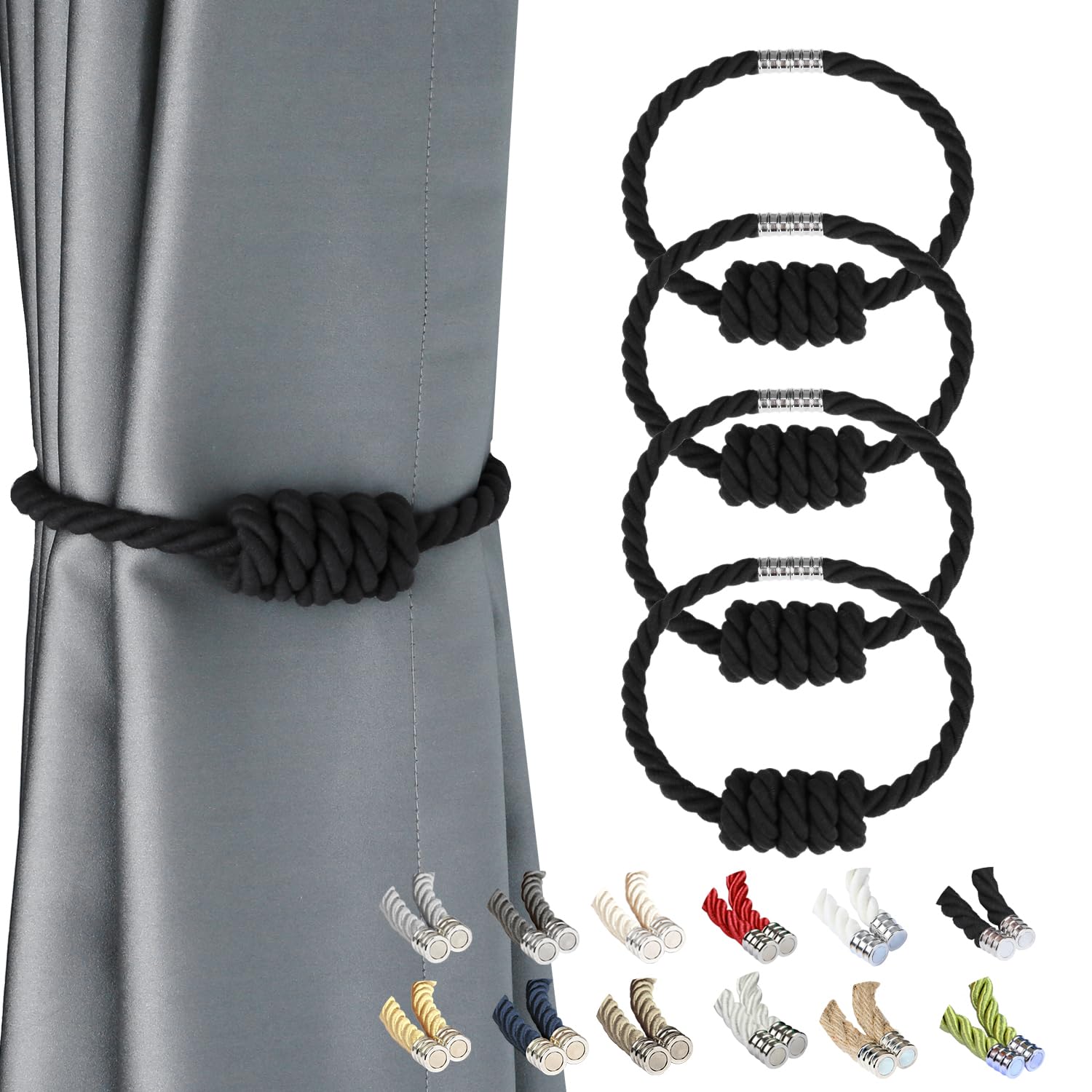 BEL AVENIR Magnetic Jute Curtain Tiebacks, Decorative Drapery Holdbacks Bohemian Style Woven Tie-Backs with Exquisite Knot (Jute, 2 Pack)