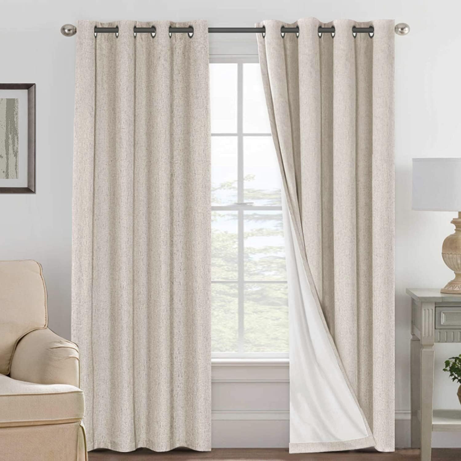 H.VERSAILTEX 100% Blackout Curtains Ivory, Linen Blackout Curtains 96 inch Curtains 2 Panel Set, Elegant Curtain for Bedroom Grommet Drapes for Living Room