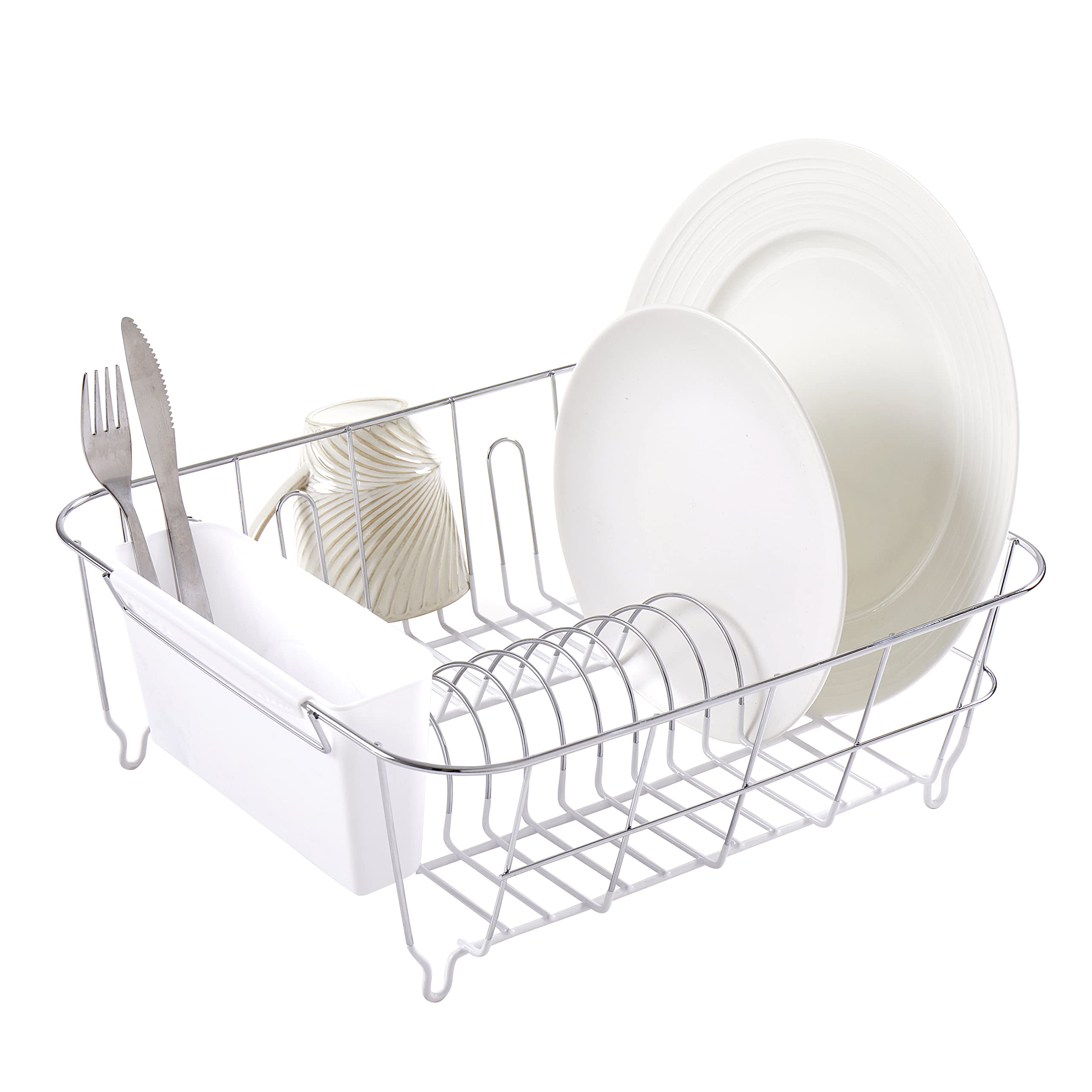 Dish Drying Rack & Cutlery Holder 2 Piece Set - Compact Sink-Fitting Dish Drainer with Rubberized Undercoating, Space-Saving Kitchen Organizer for Plates, Cups, Bowls & Utensils in Sink, Silver